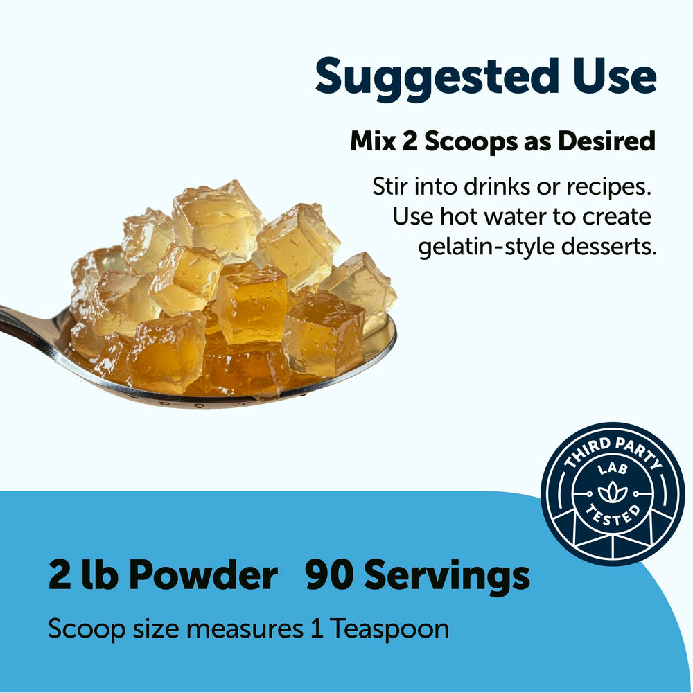 Bulk 2 lb packaging of Micro Ingredients beef gelatin highlights non-GMO and gluten-free formulas.