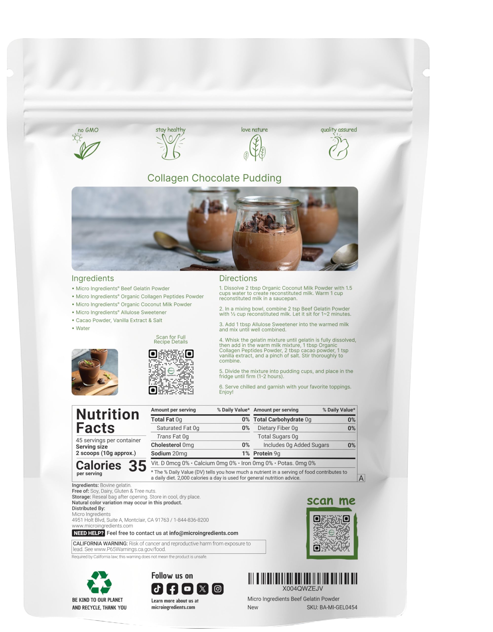 Unflavored gelatin powder blends smoothly into desserts and sauces