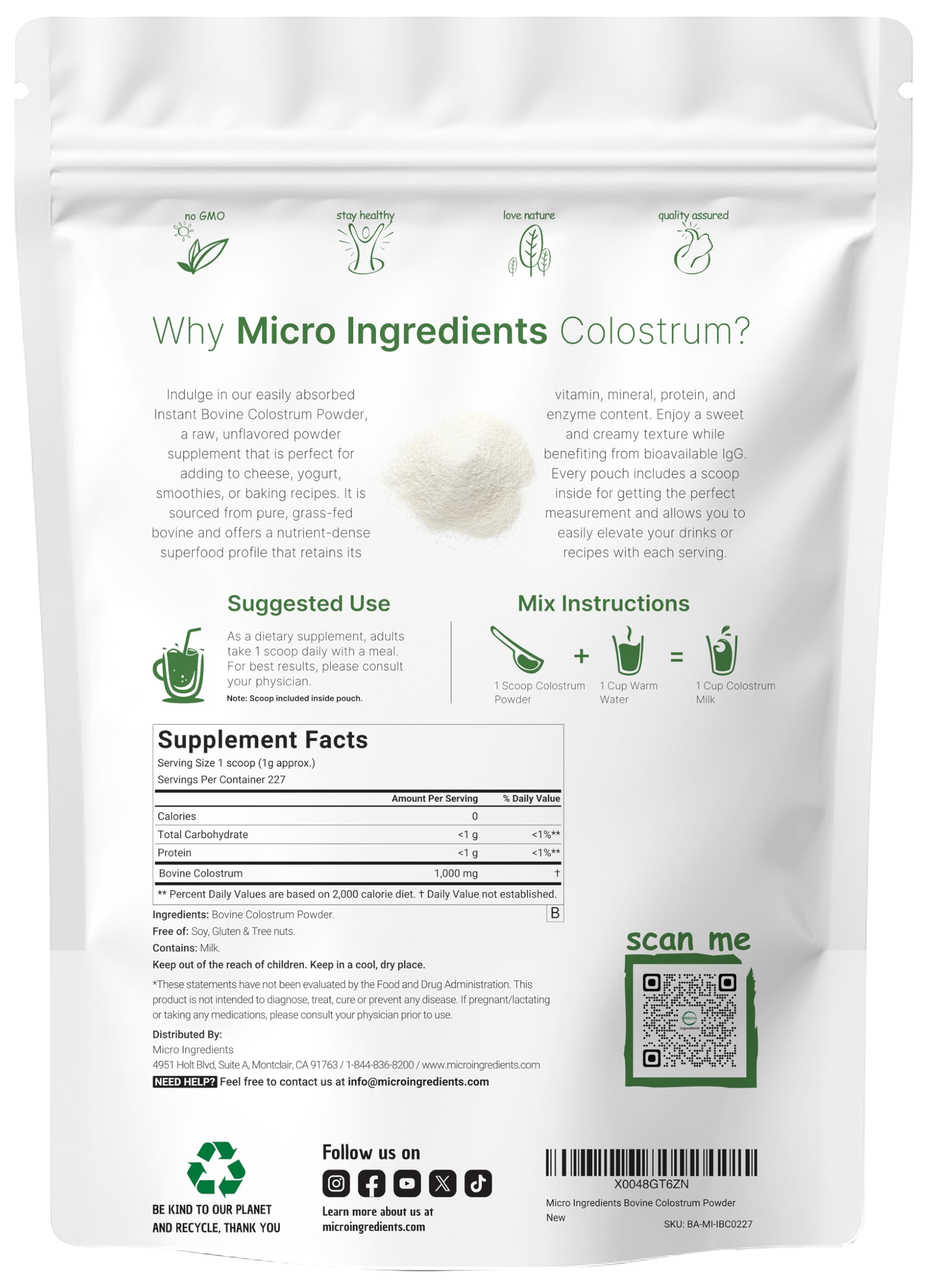 Micro Ingredients bovine colostrum powder instant mix for quick dissolving.