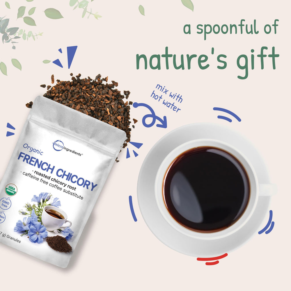 Micro Ingredients scoop with chicory in a jar encouraging easy daily use.