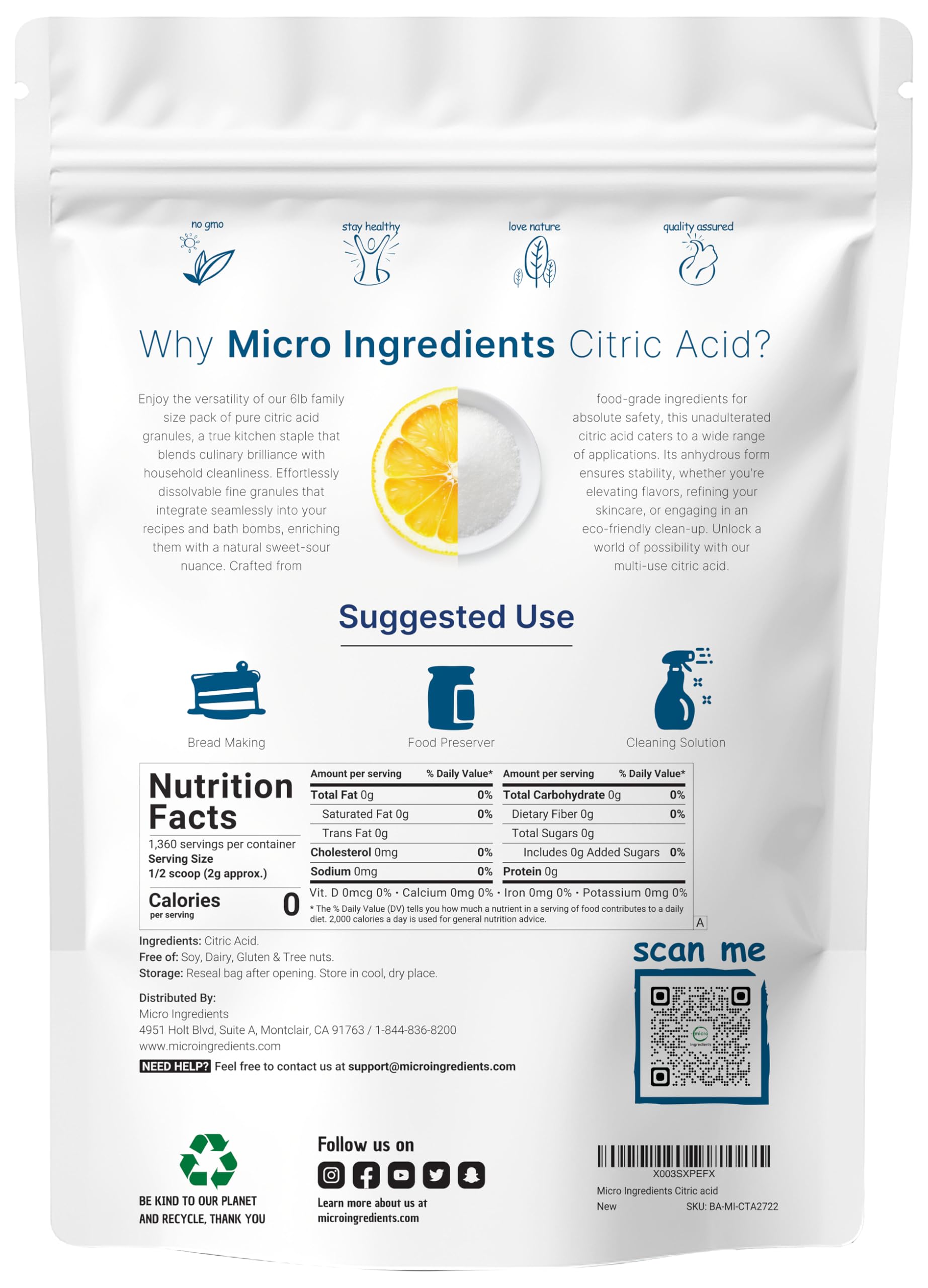 Micro Ingredients citric acid fine granules dissolve quickly for recipes.