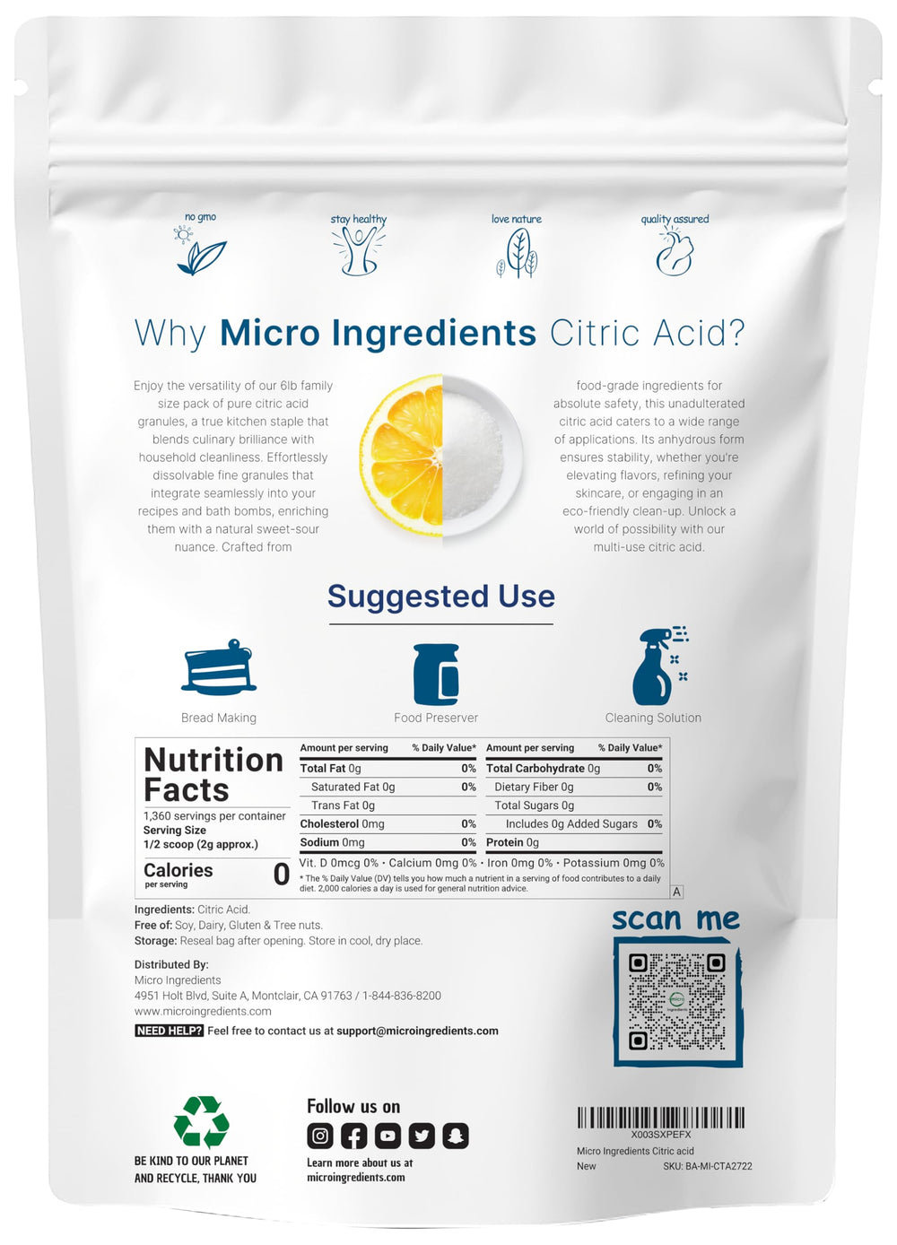Micro Ingredients citric acid fine granules dissolve quickly for recipes.