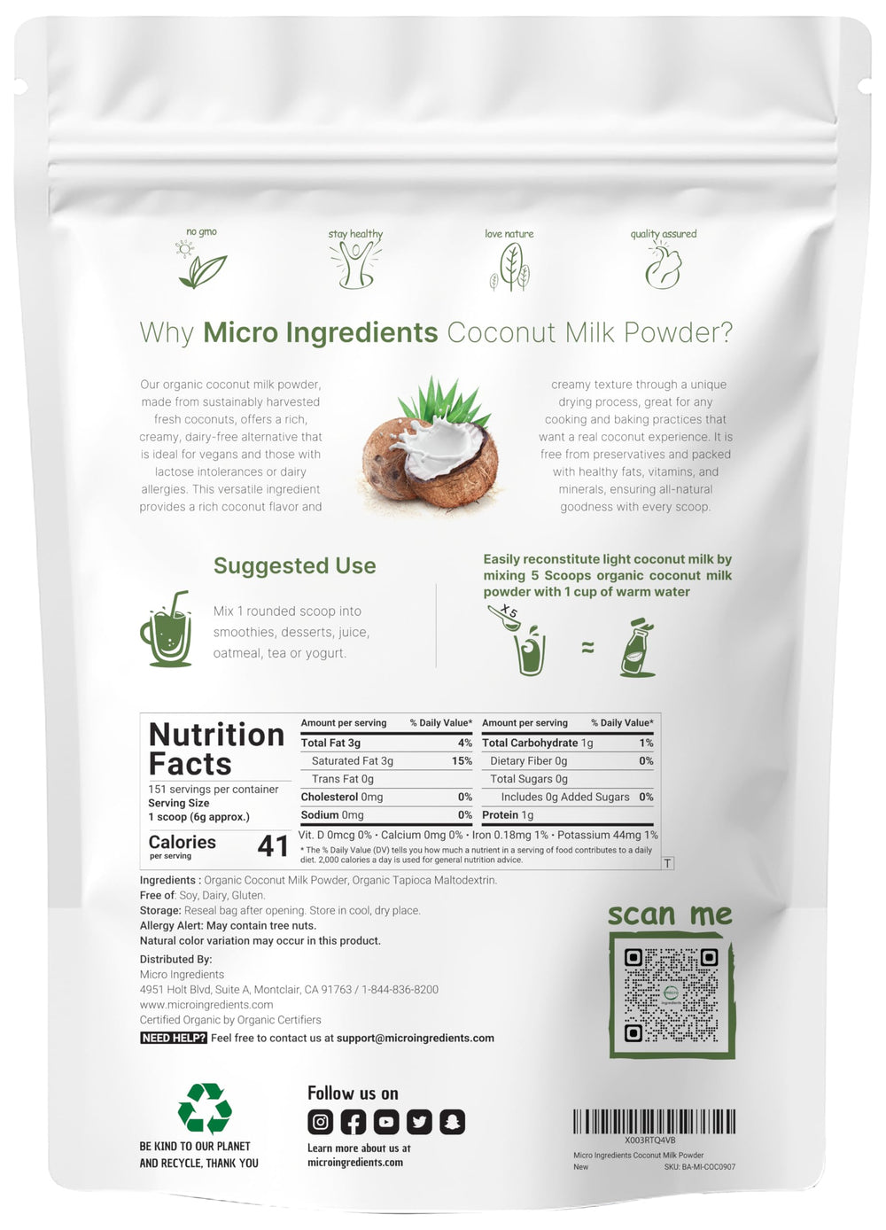 Micro Ingredients coconut milk powder scoop for precise daily measurements