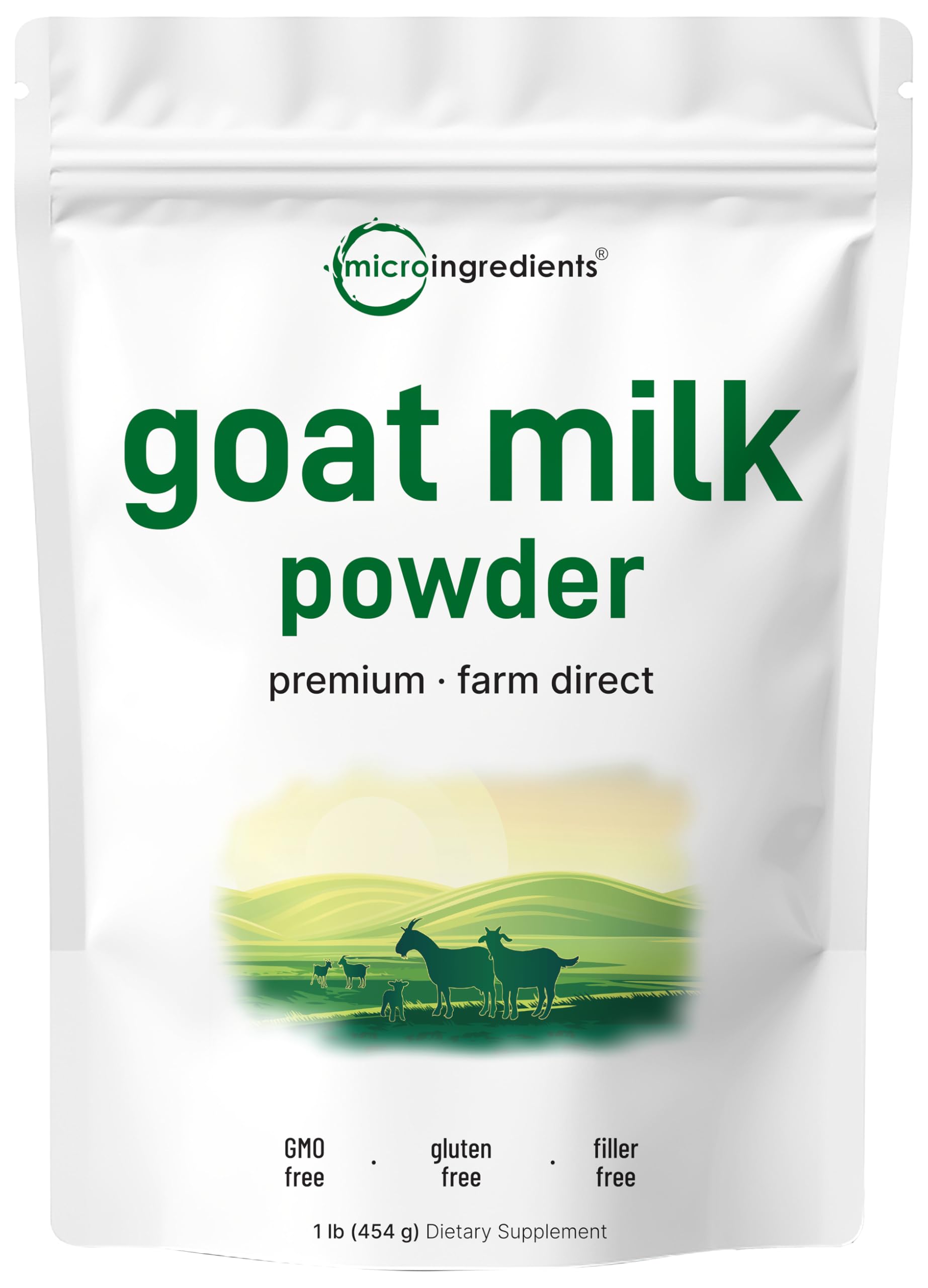 Micro Ingredients goat milk powder 1lb pack on countertop, convenient daily dairy option.