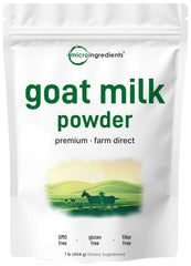 Micro Ingredients goat milk powder 1lb pack on countertop, convenient daily dairy option.