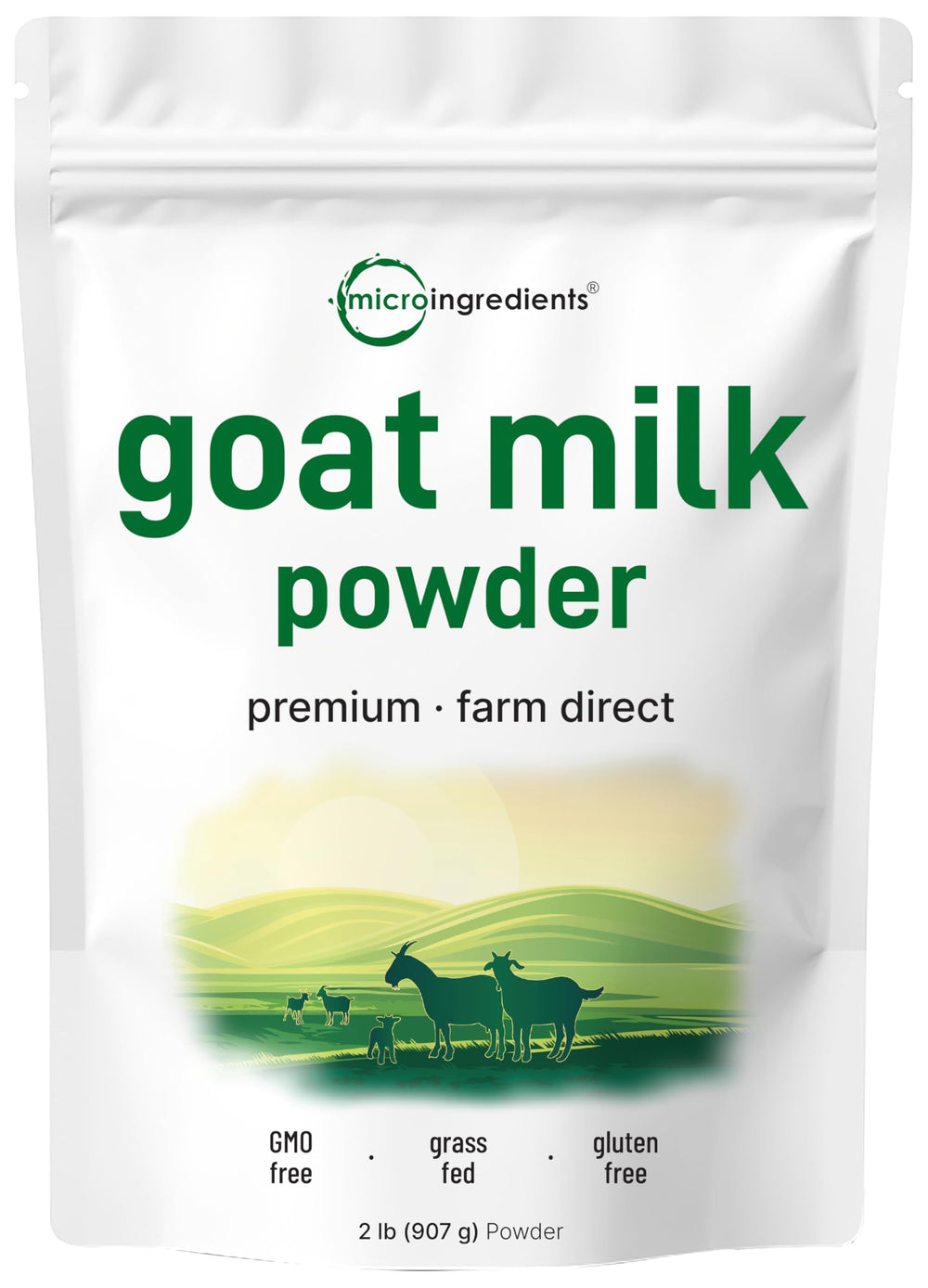 Micro Ingredients Goat Milk Powder 2 Lb pouch shows grass-fed formula for easy digestion