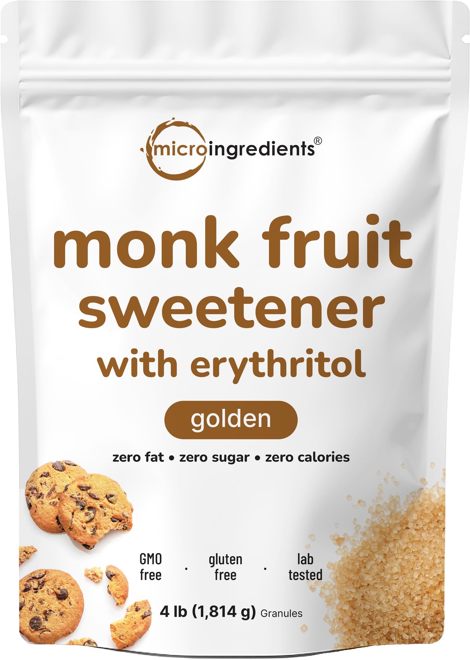 Micro Ingredients Golden Monk Fruit with erythritol bulk bag for sugar-free cooking.