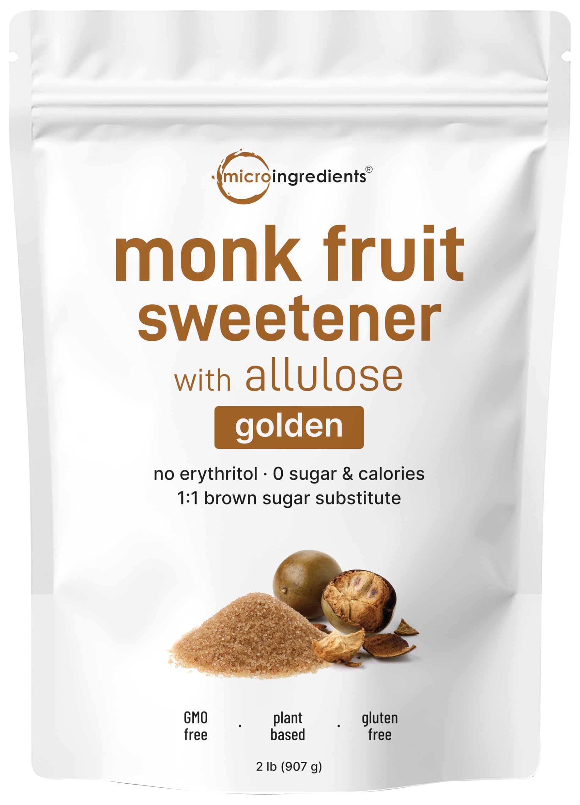 Micro Ingredients Golden Monk Fruit Sweetener 2lb pack for bulk baking and easy 1:1 substitution.