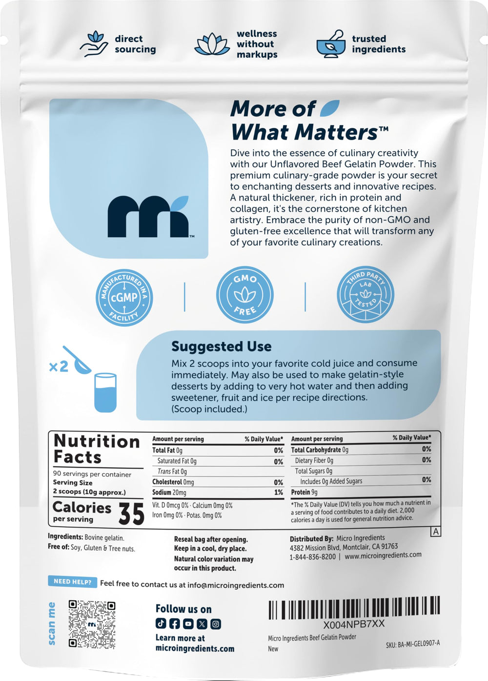 Grass-fed, pasture-raised source indicated on Micro Ingredients beef gelatin label.