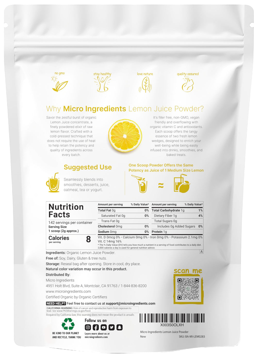 Micro Ingredients Lemon Juice Powder scoop measures precise portions for shakes
