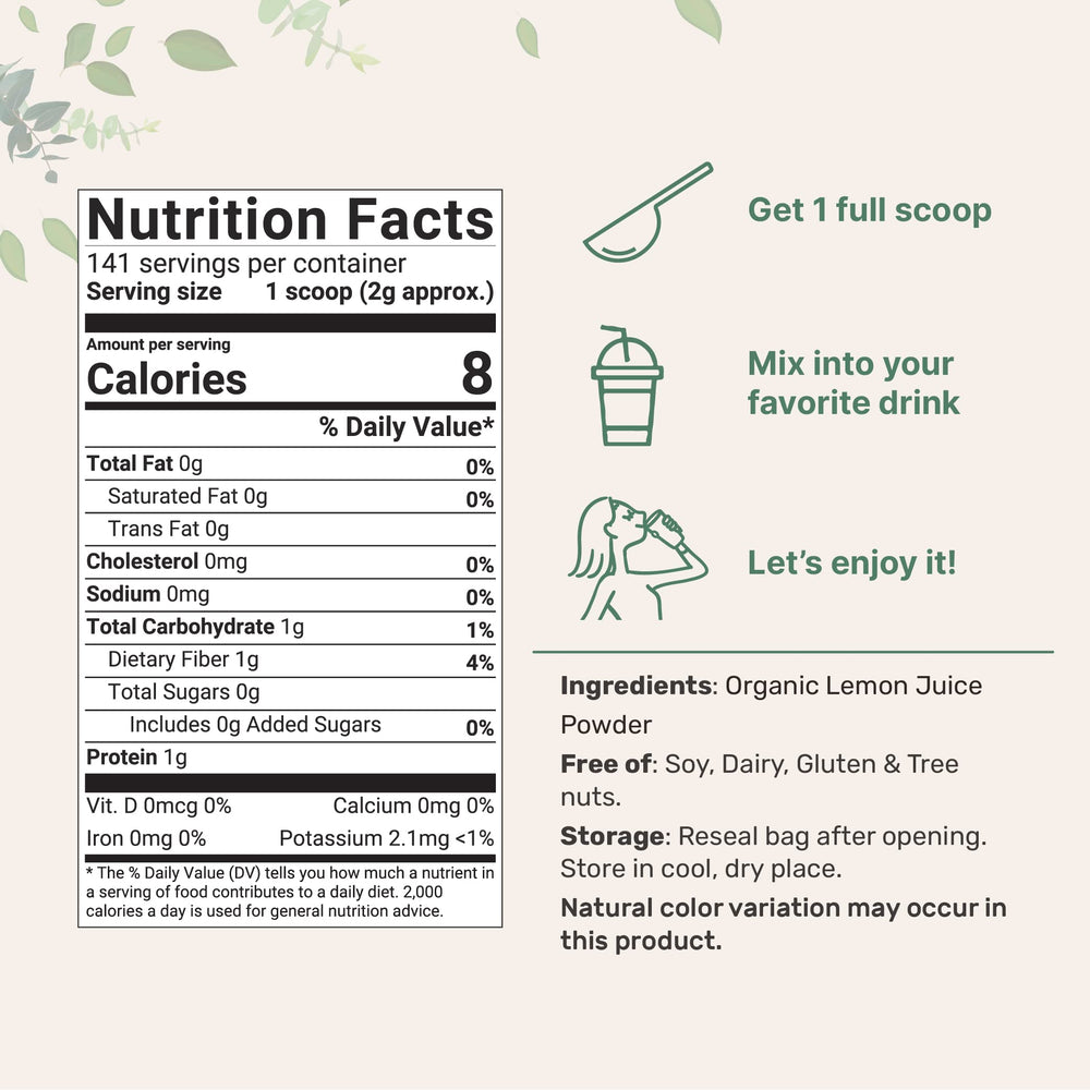 Micro Ingredients lemon juice powder scoop highlights easy portion control for daily vitamin C