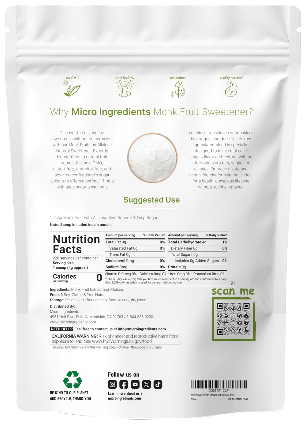 Two-pound Micro Ingredients monk fruit sweetener bag shows keto friendly zero calorie sweetness
