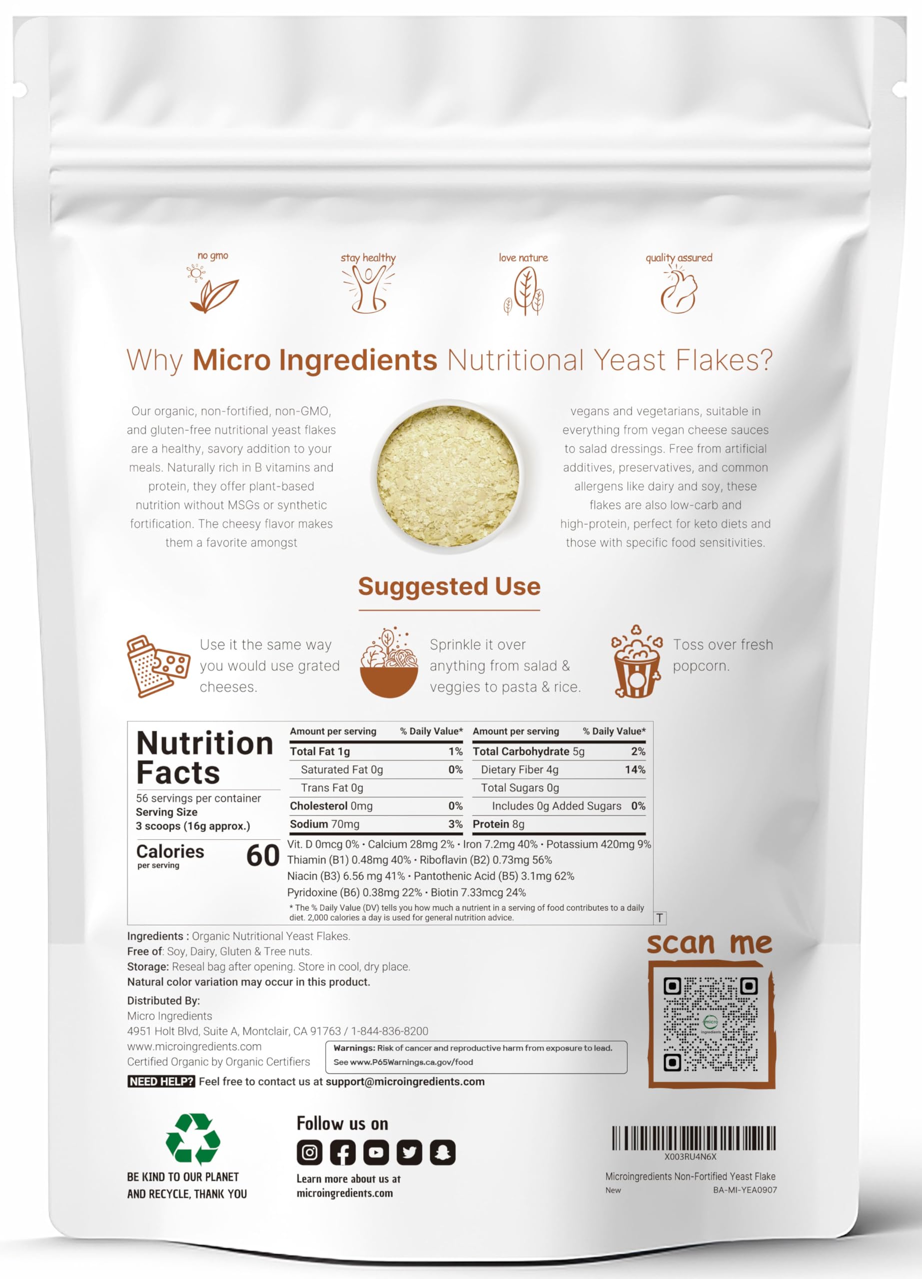 Micro Ingredients nutritional yeast flakes shaker sprinkled on salads for a mild umami boost