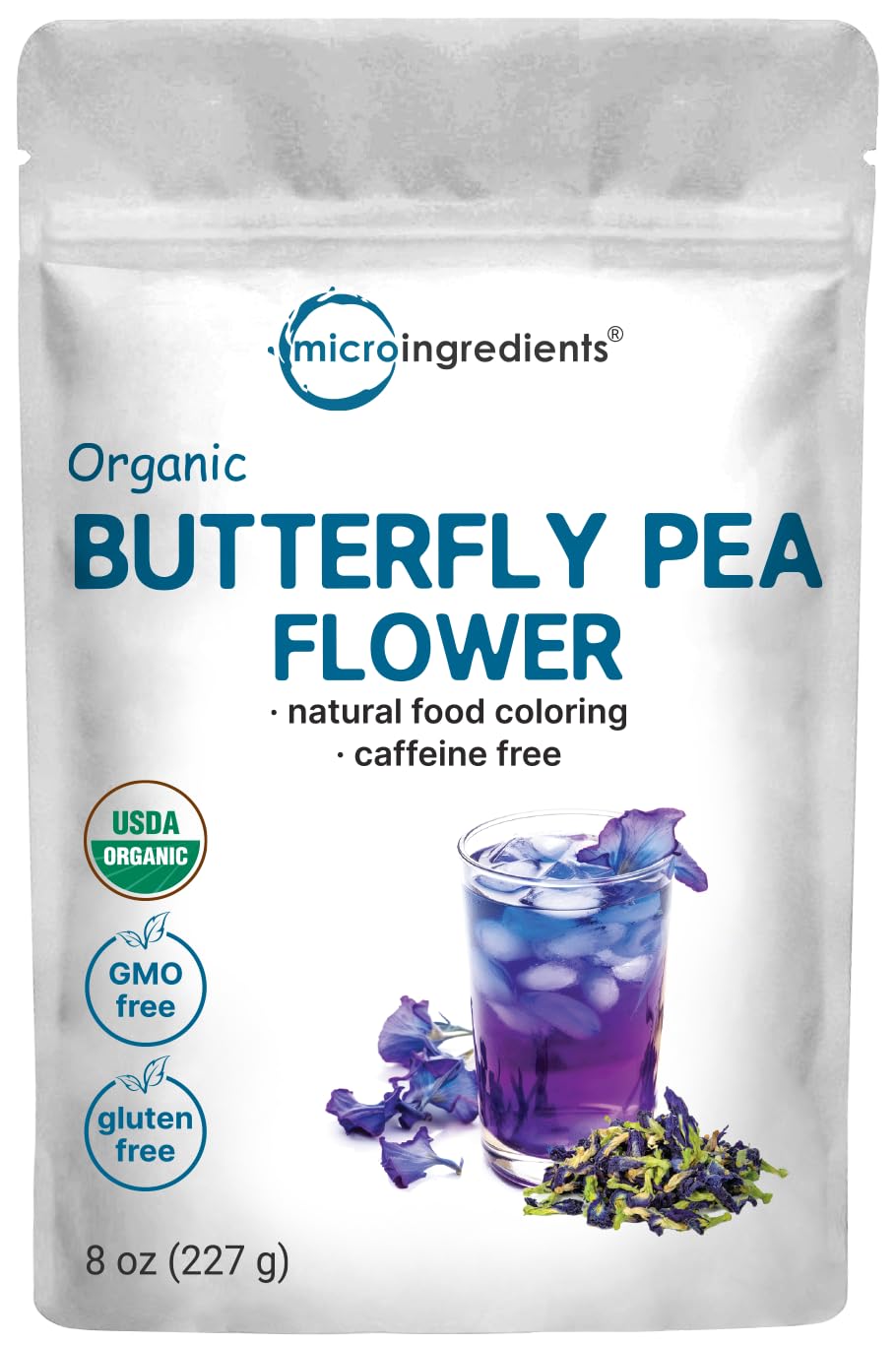 Micro Ingredients butterfly pea tea pouch ready for brewing, caffeine-free herbal tea.