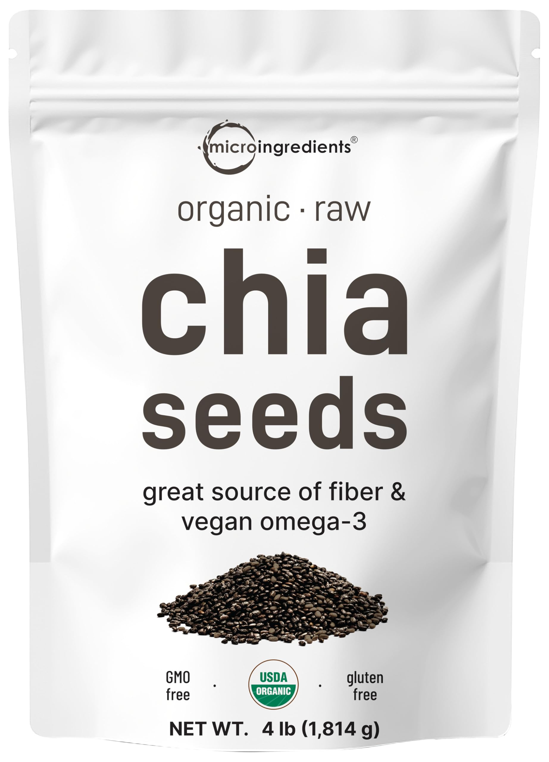Micro Ingredients Organic Chia Seeds 4lb pouch ready for versatile recipes.