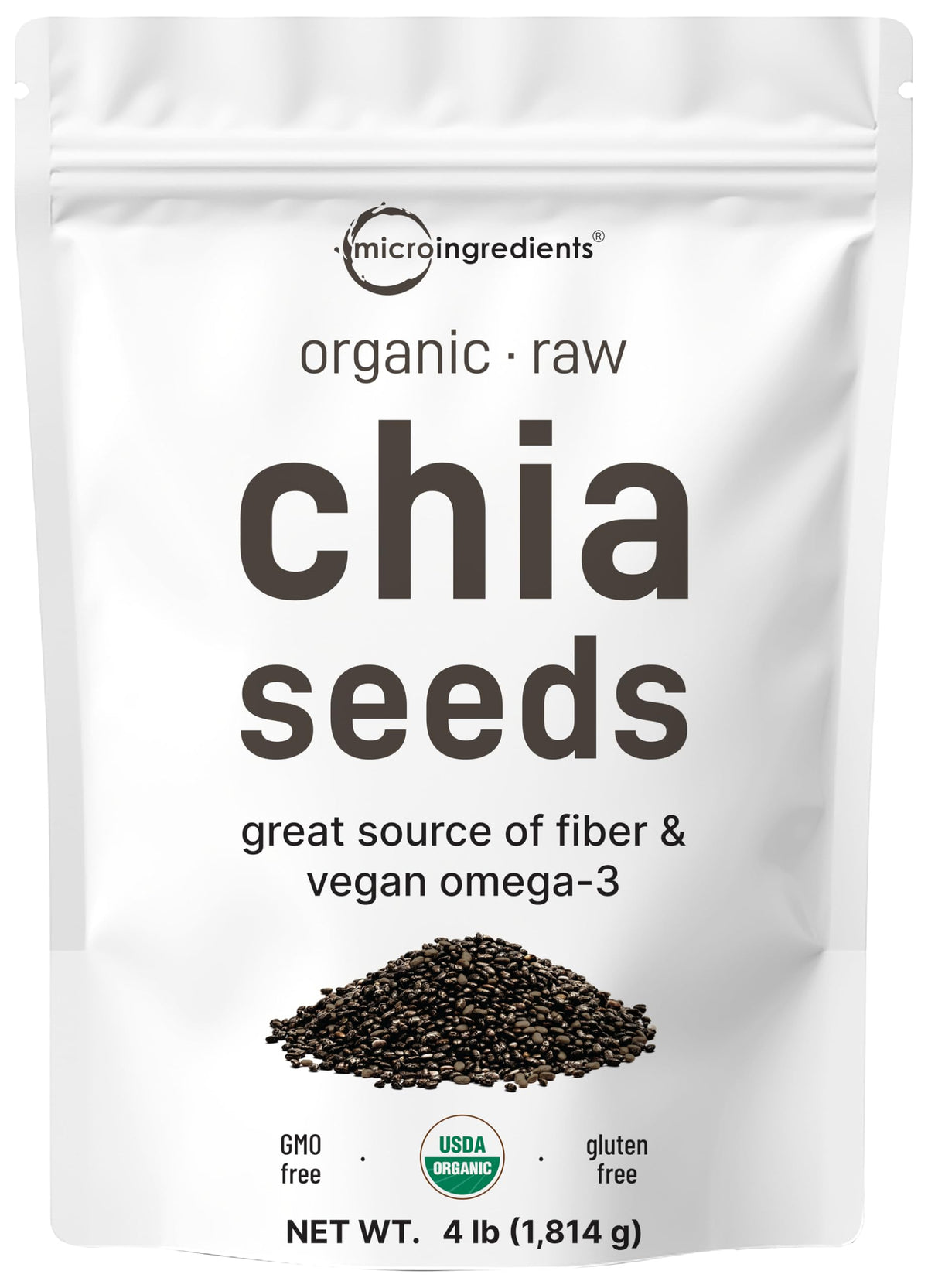 Micro Ingredients Organic Chia Seeds 4lb pouch ready for versatile recipes.