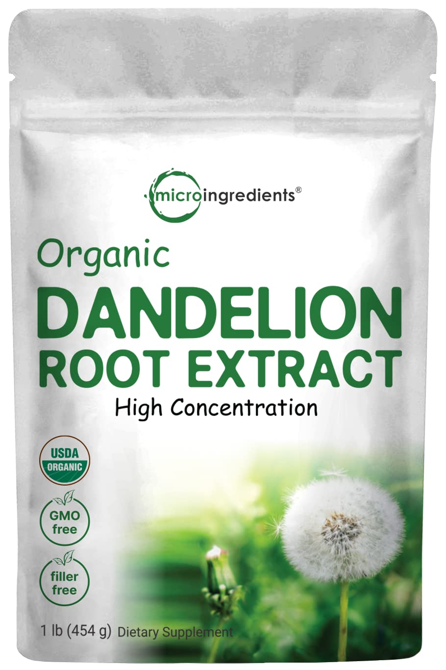 Micro Ingredients Organic Dandelion Root Tea Powder in a 1lb jar for daily use.