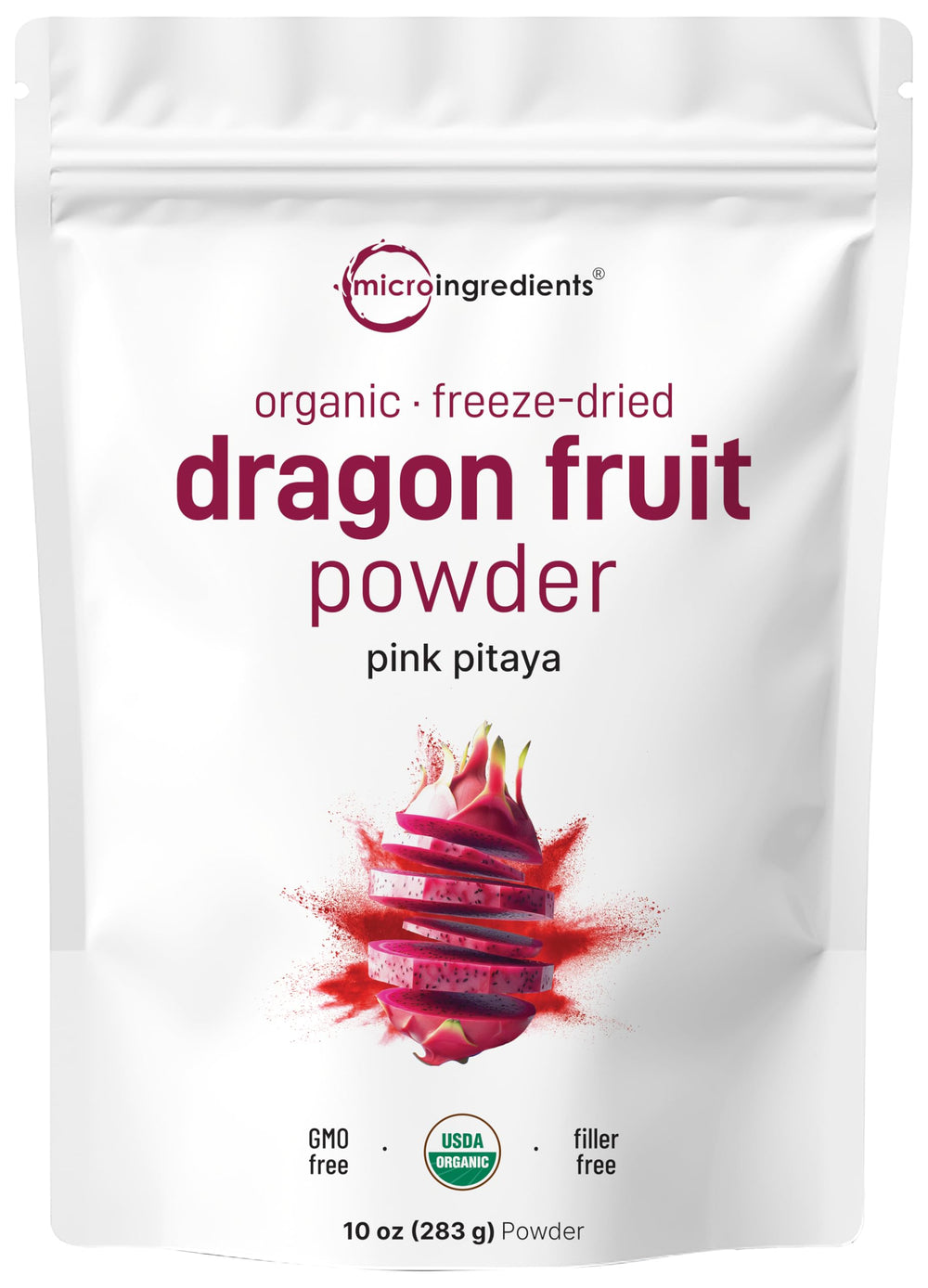 Micro Ingredients Organic Dragon Fruit Powder 10oz packaging ideal for smoothies and beverages.