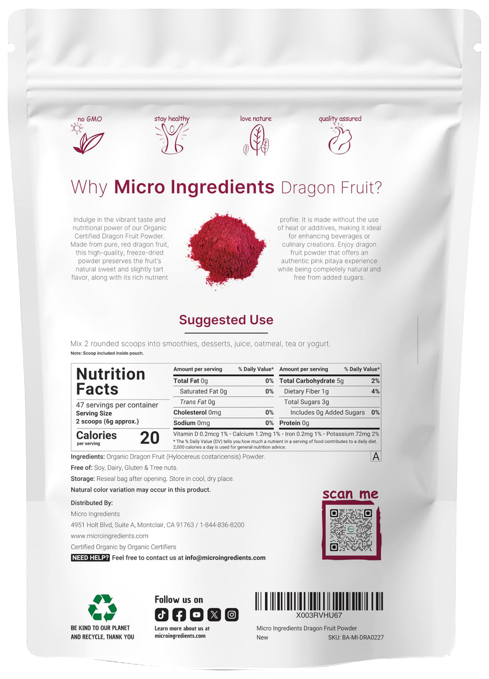 Micro Ingredients Dragon Fruit Powder 10oz scoop showcases easy portion controlled daily use.