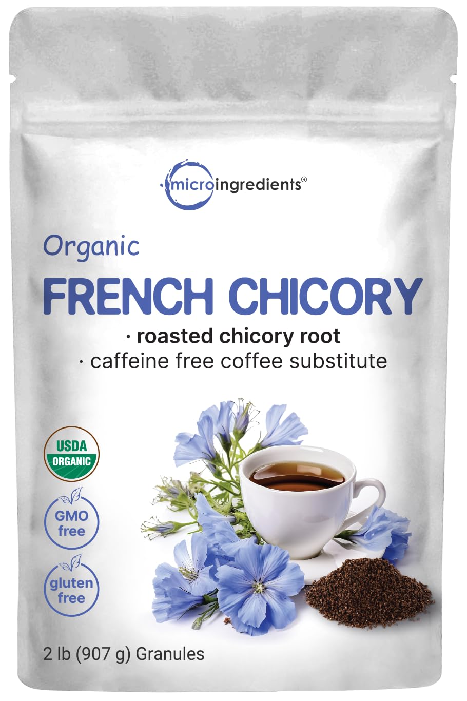 Micro Ingredients Organic French Chicory Root 2lb bag with roasted aroma, ideal for a coffee substitute.