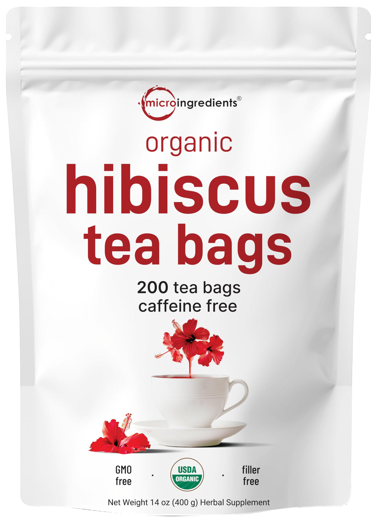 Micro Ingredients Organic hibiscus tea bags in a 200-count box, caffeine-free.