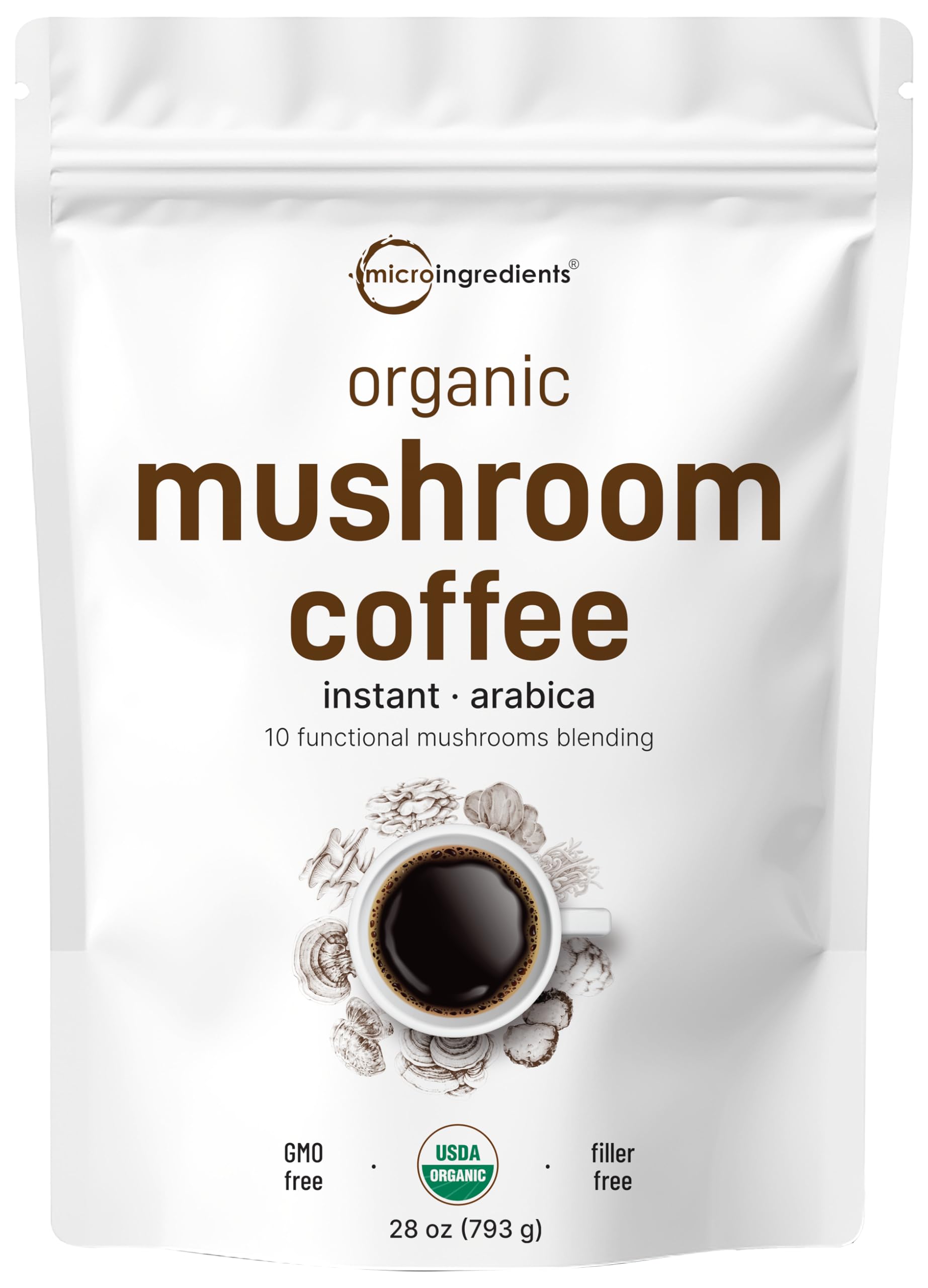 Micro Ingredients organic mushroom coffee powder jar with scoop for a smooth brew
