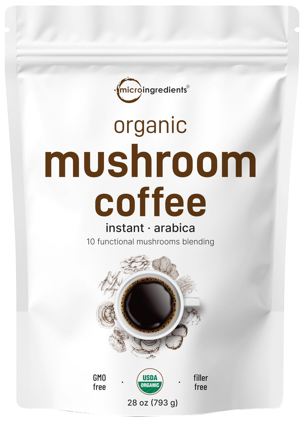 Micro Ingredients organic mushroom coffee powder jar with scoop for a smooth brew