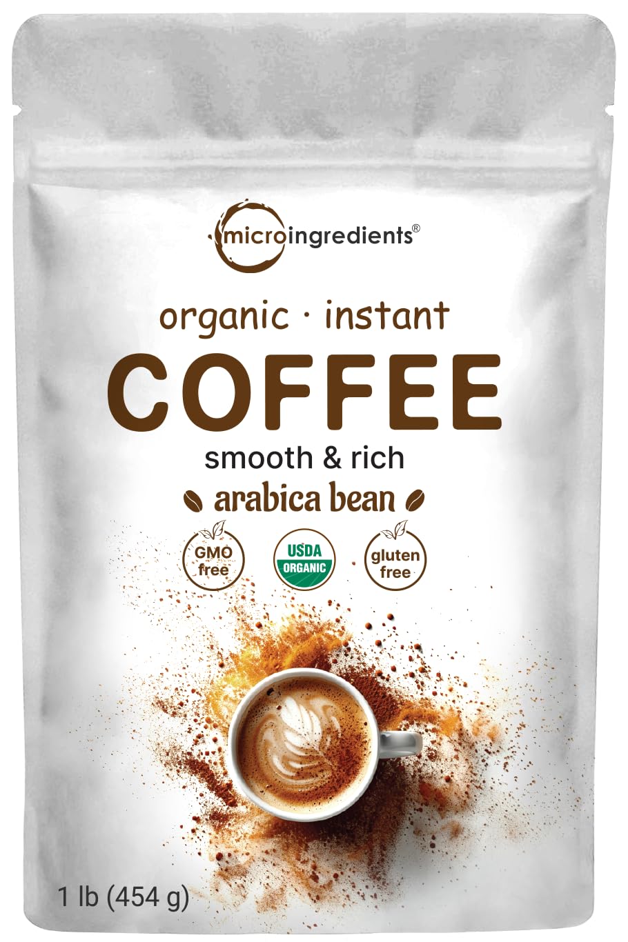 Micro Ingredients Organic Instant Coffee 1lb packaging ready to dissolve into hot water for a smooth cup.