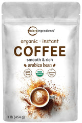 Micro Ingredients Organic Instant Coffee 1lb packaging ready to dissolve into hot water for a smooth cup.