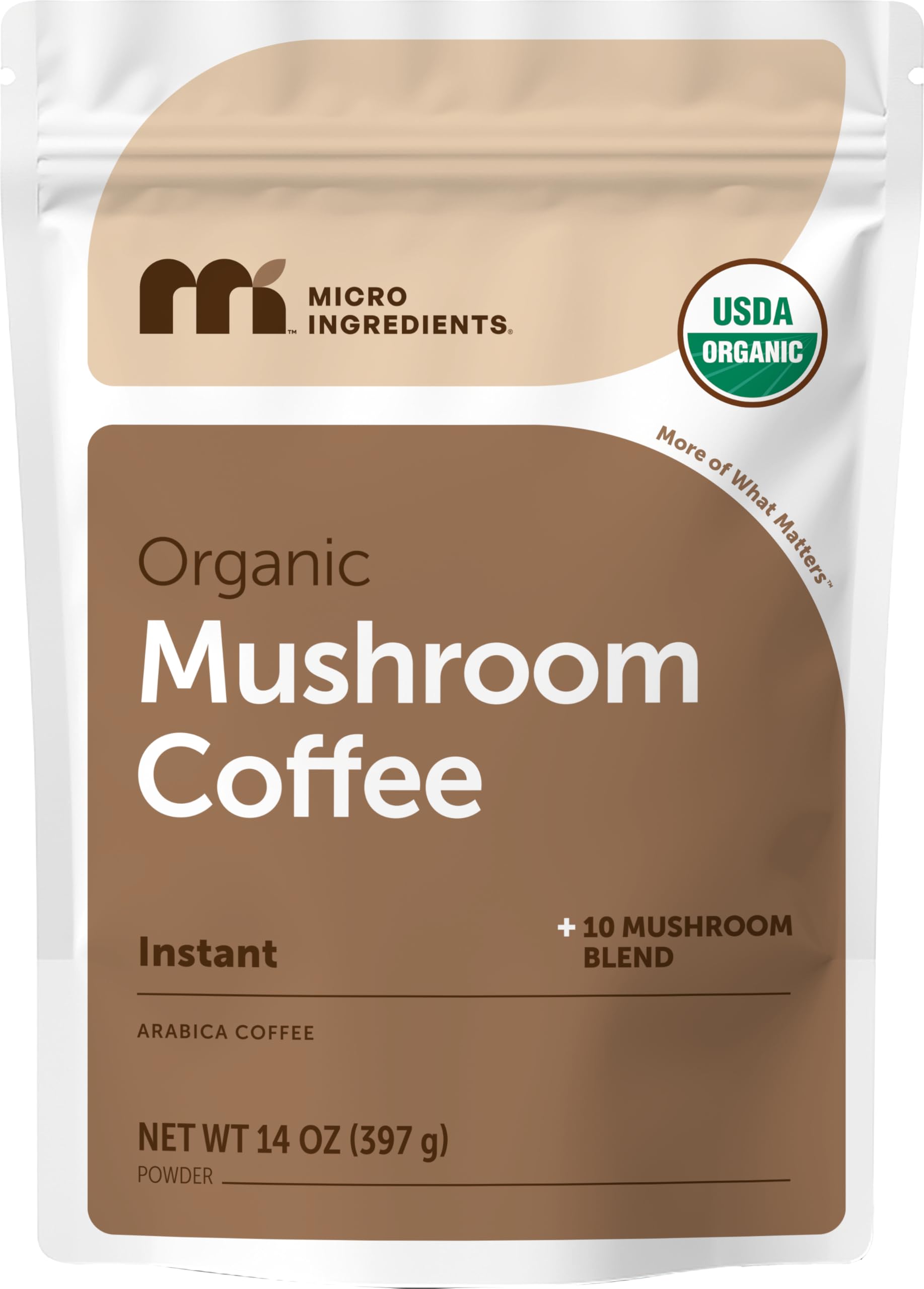 Micro Ingredients organic instant mushroom coffee packaging signaling certified organic quality.