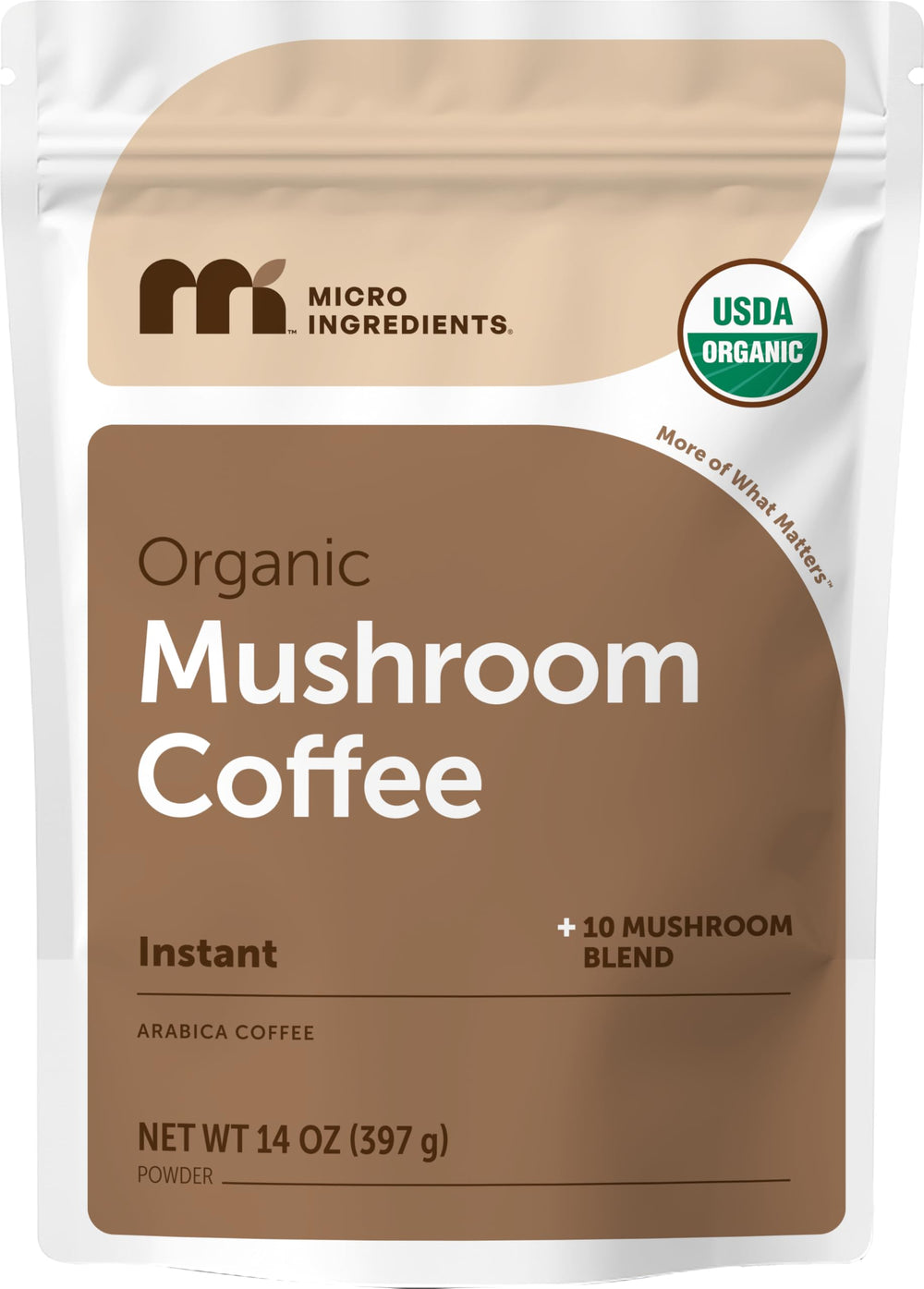 Micro Ingredients organic instant mushroom coffee packaging signaling certified organic quality.