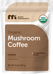 Micro Ingredients organic instant mushroom coffee packaging signaling certified organic quality.