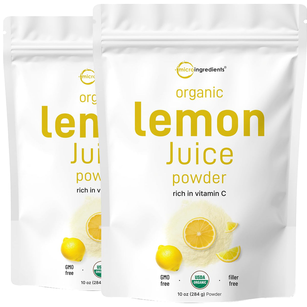 Micro Ingredients Organic Lemon Juice Powder bottle shows pure citrus flavor for beverages