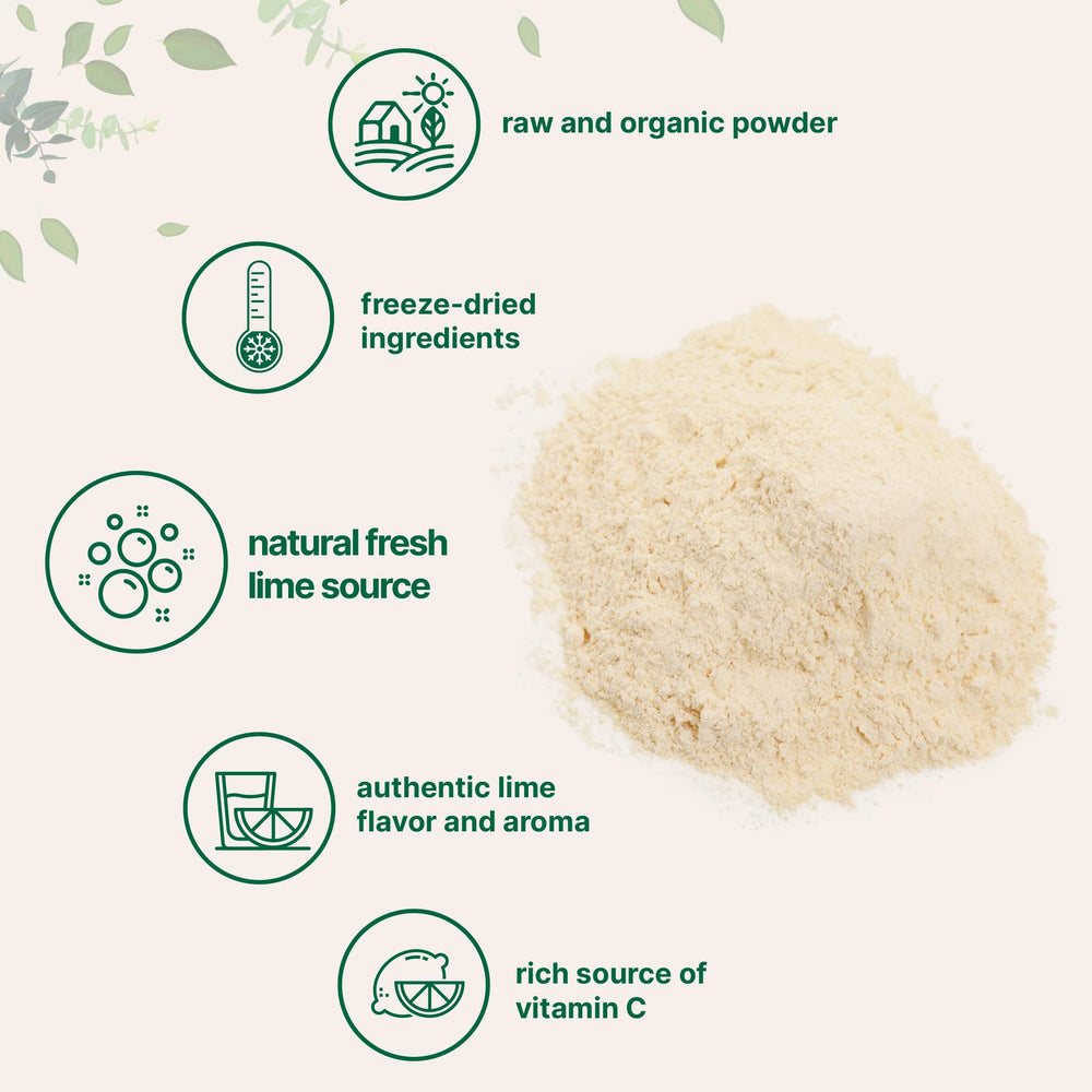 Close-up of organic lime powder noting real flavor and versatile uses