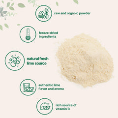 Close-up of organic lime powder noting real flavor and versatile uses