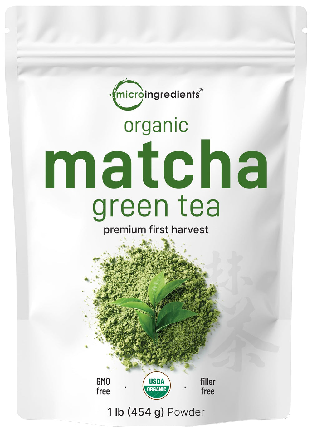Micro Ingredients Organic Matcha powder in jar ready for lattes.