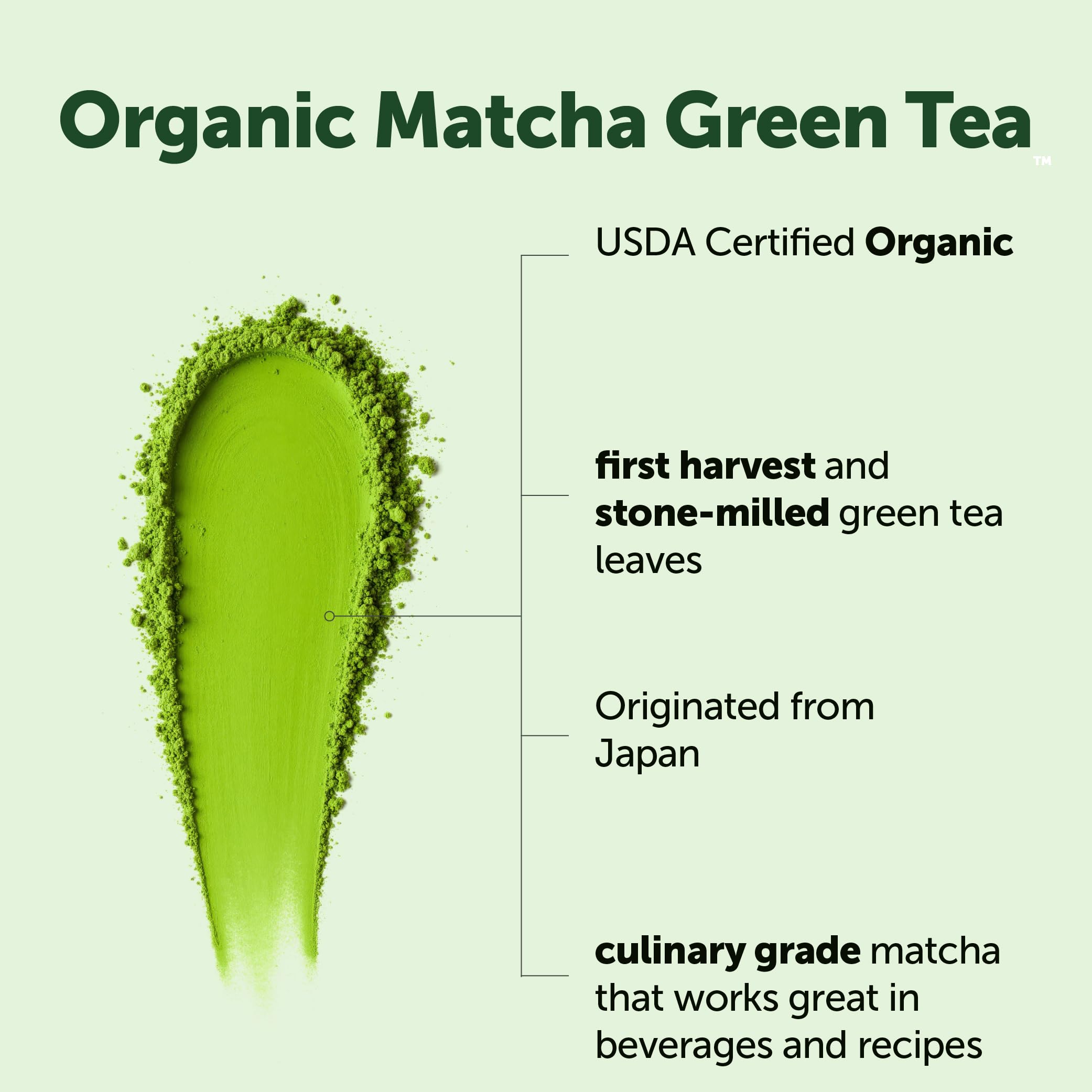 Micro Ingredients Organic Matcha powder tin highlighting first harvest flavor.