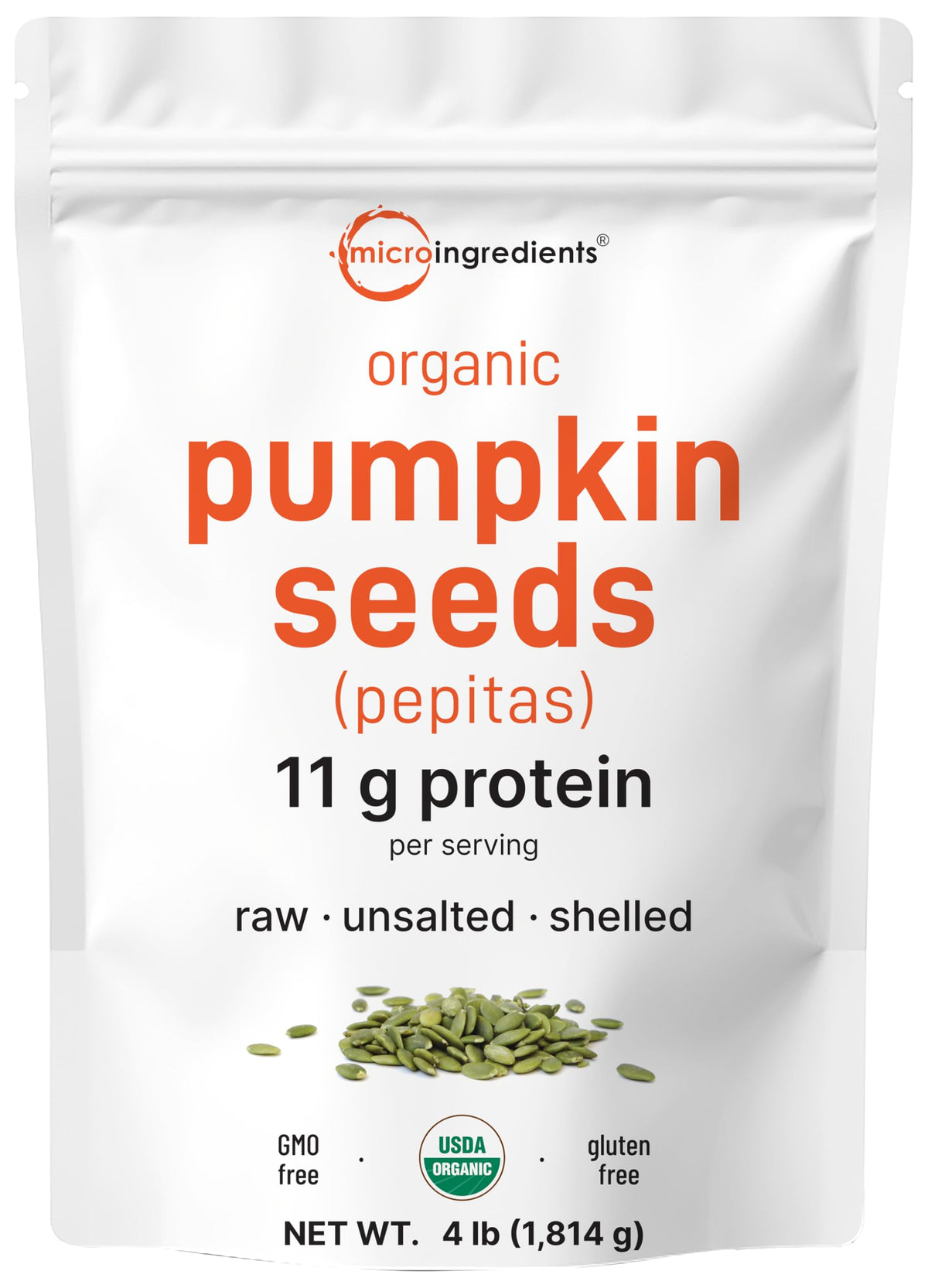 Micro Ingredients Organic Pumpkin Seeds shelled, raw and unsalted for baking and snacking.