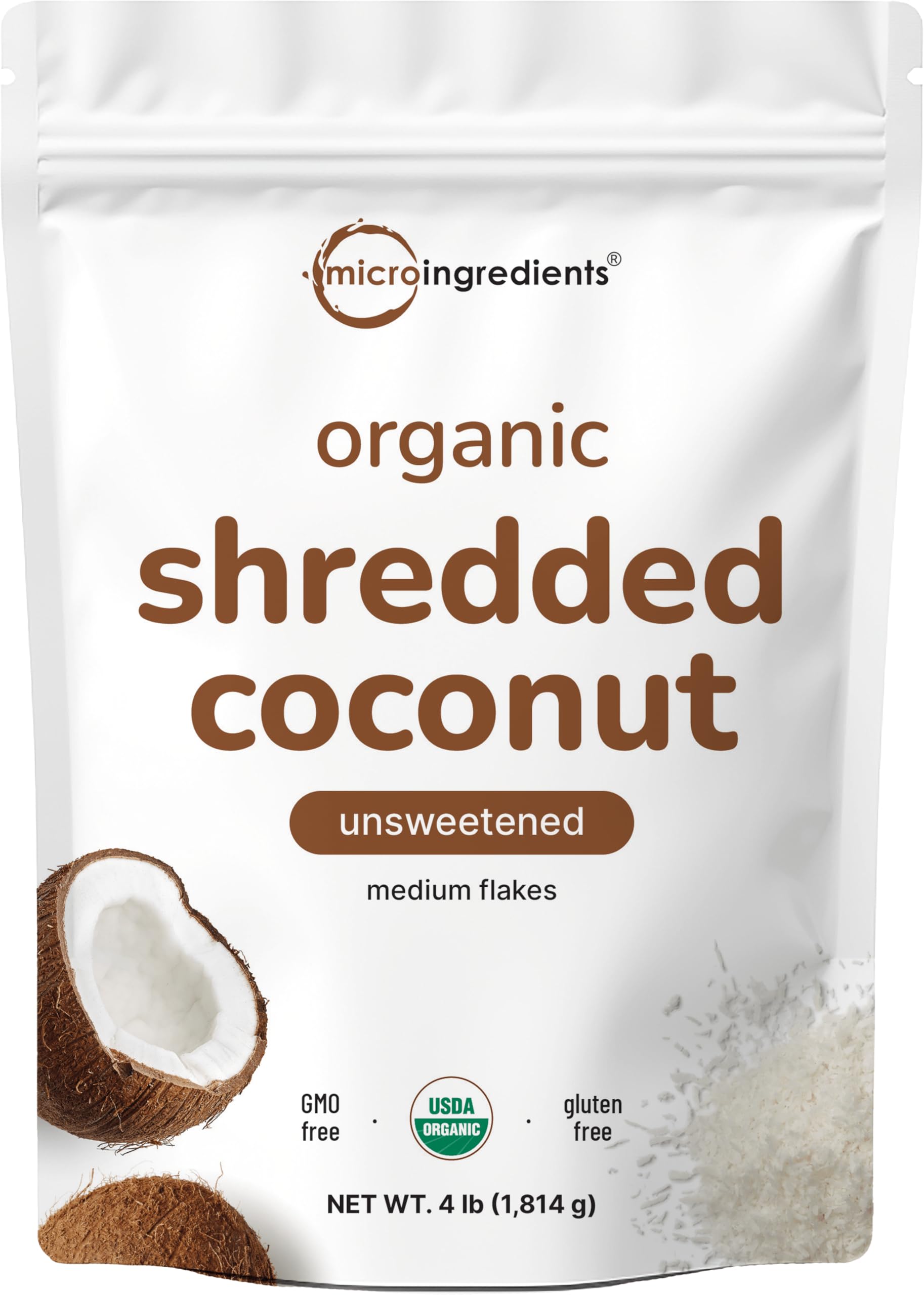 Micro Ingredients coconut flakes packaging shows a bulk 4lb supply for convenient pantry storage.