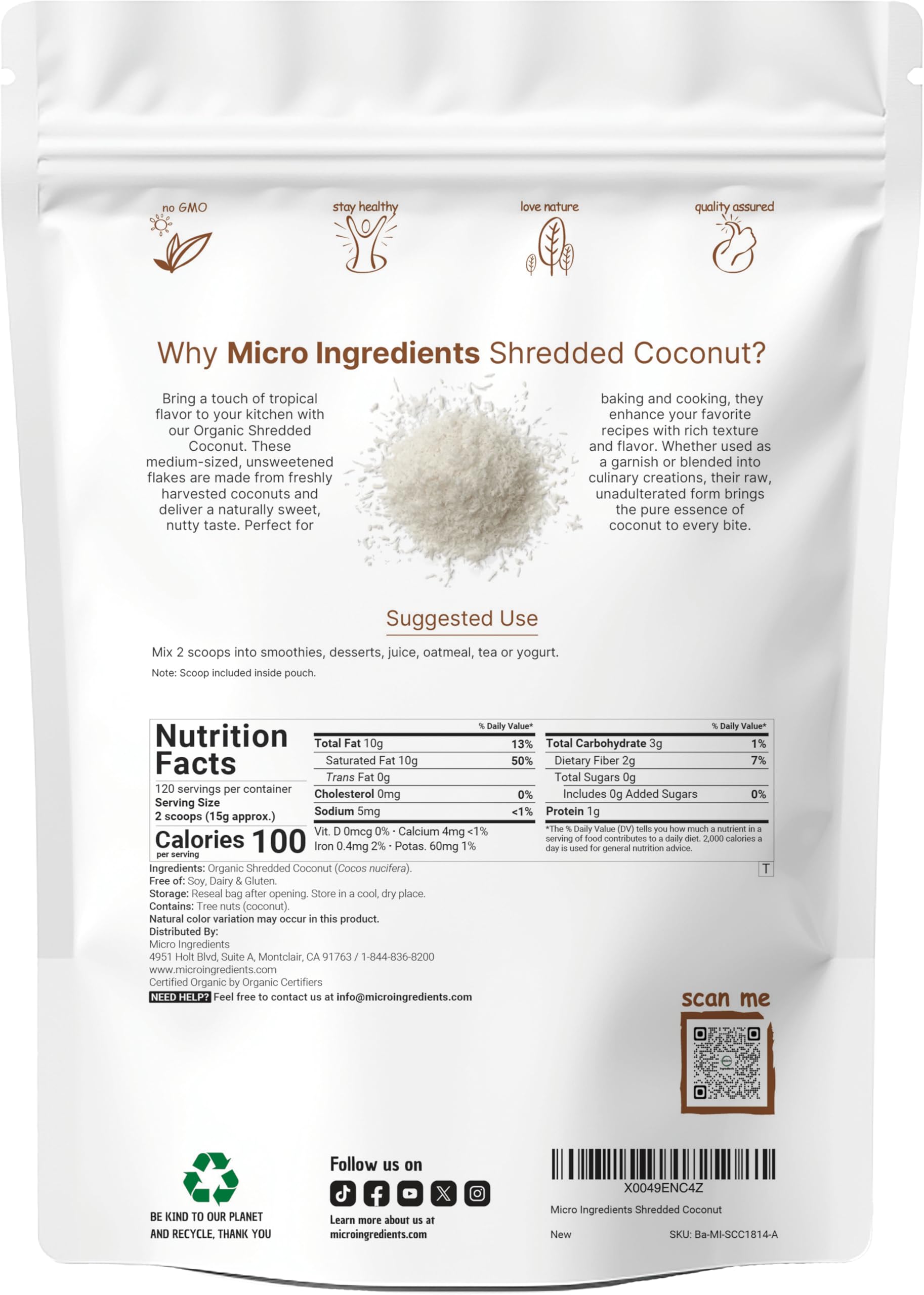 Micro Ingredients coconut flakes raw unsweetened visuals highlight pure flavor for recipes.