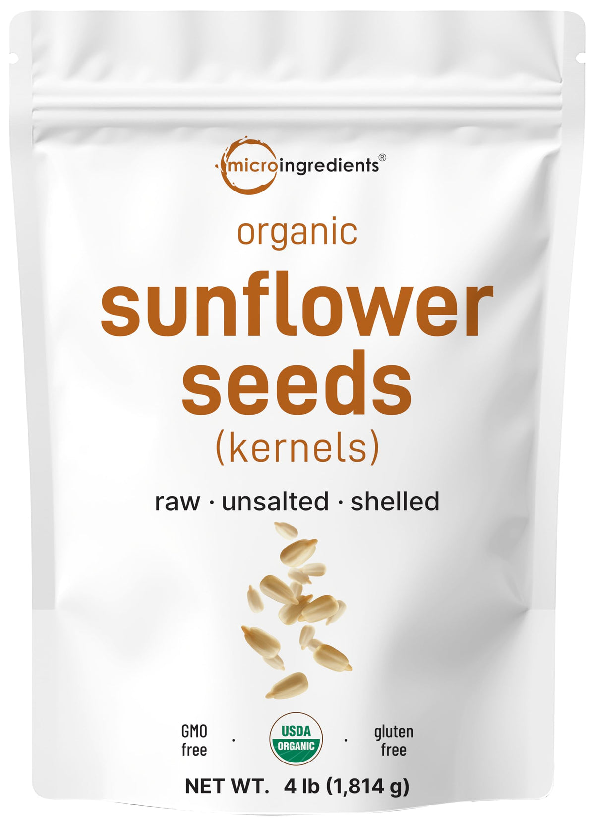 Micro Ingredients Organic Sunflower Seeds 4lb bulk bag, raw and unsalted for snacking.