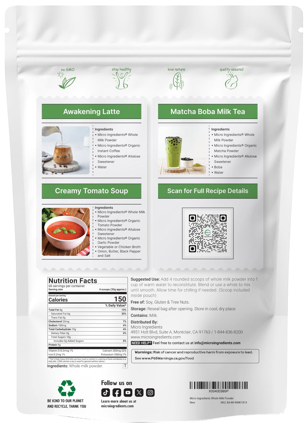 Micro Ingredients pasture-raised milk powder bag for everyday meals