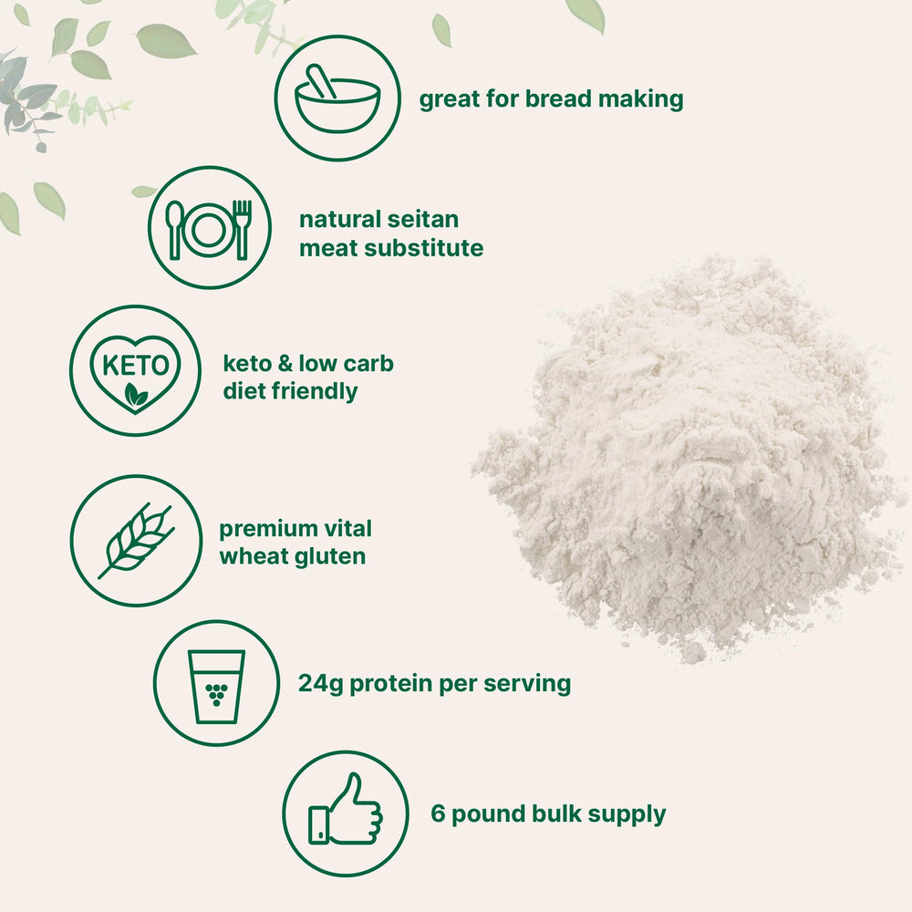 Micro Ingredients Vital Wheat Gluten scoop demonstrates protein-rich ingredient for dough elasticity.