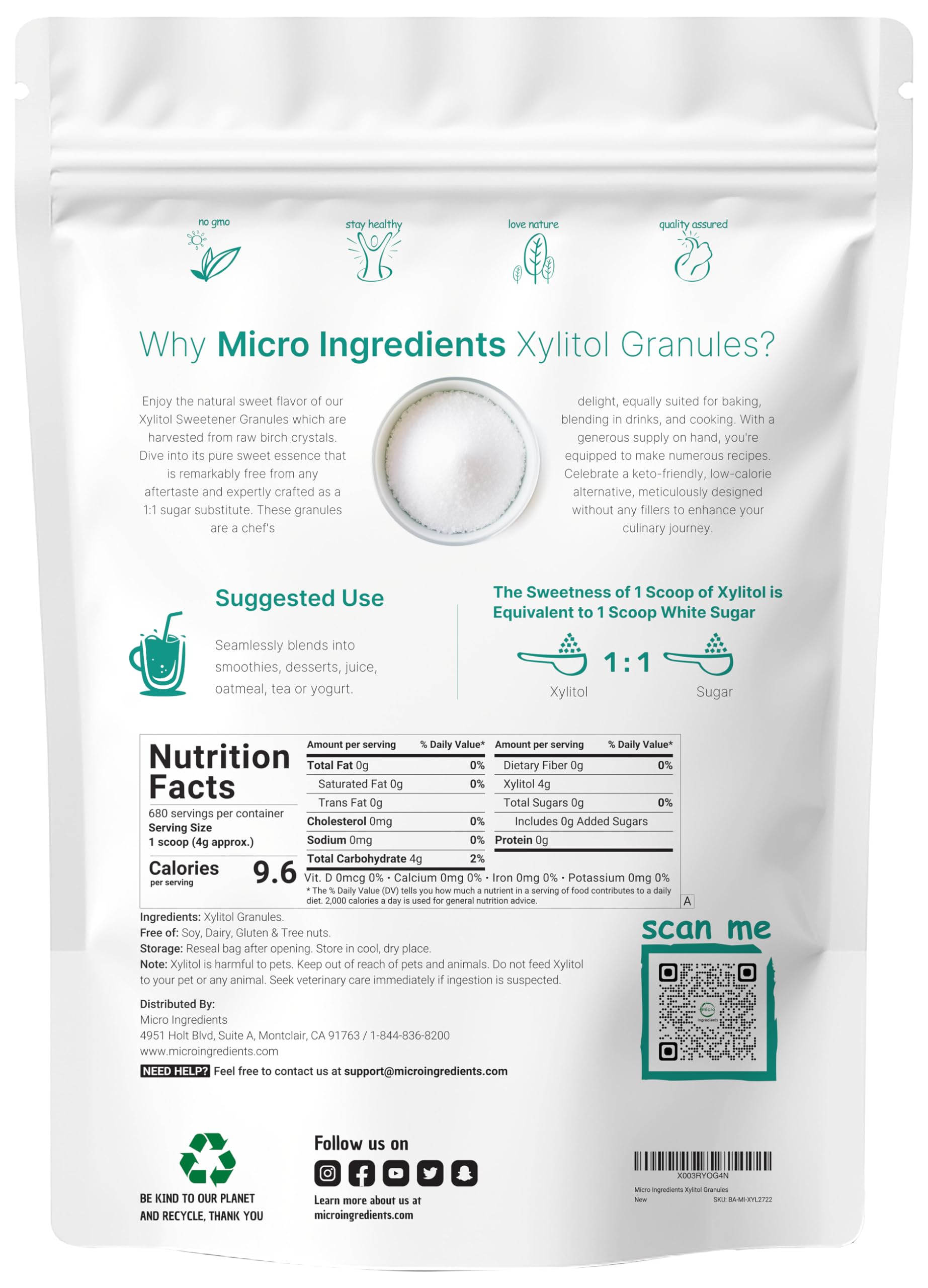 Micro Ingredients Xylitol measuring scoop ensures precise portions for consistent results