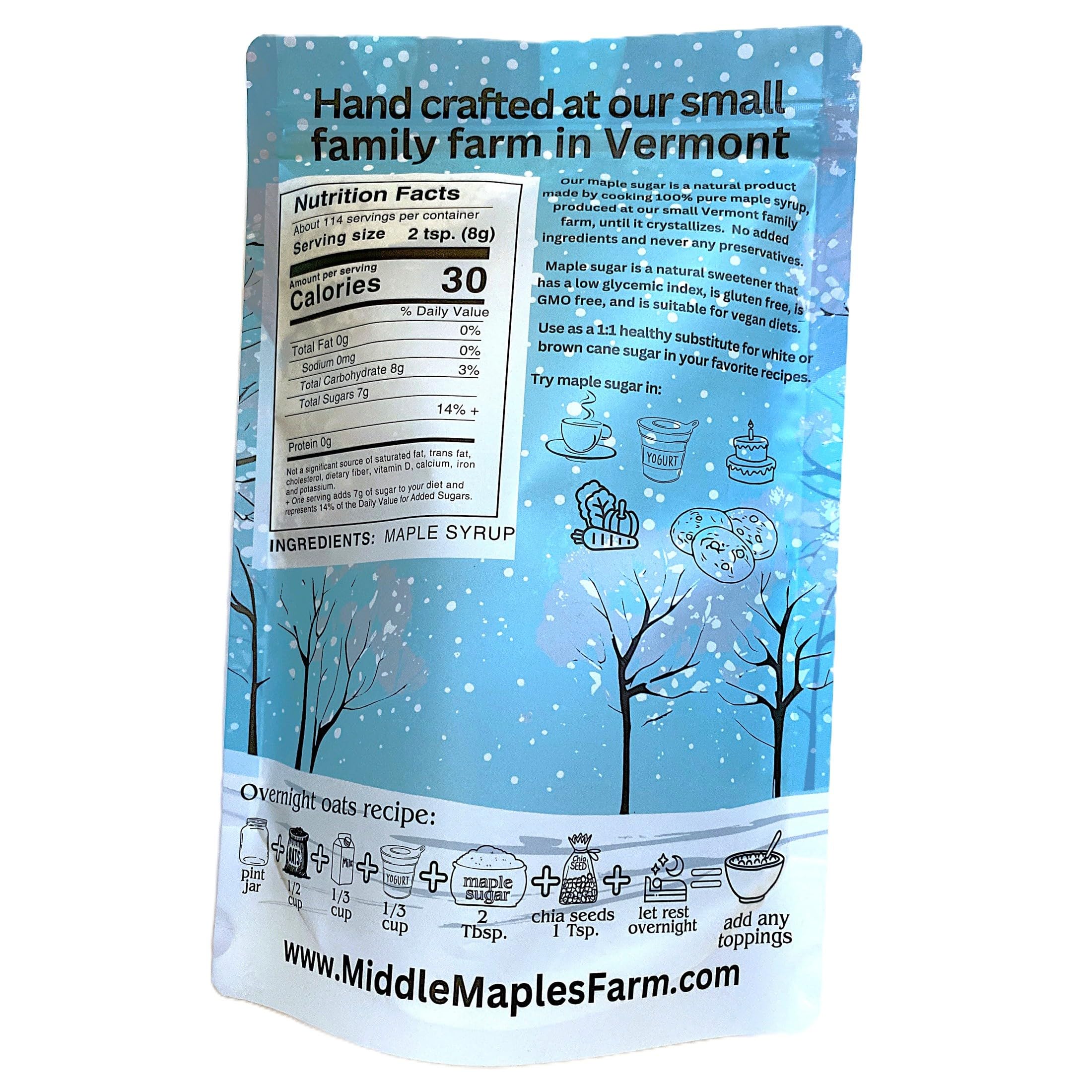 Middle Maples Farm Vermont Pure Maple Sugar granules close-up showing natural crystals and amber color