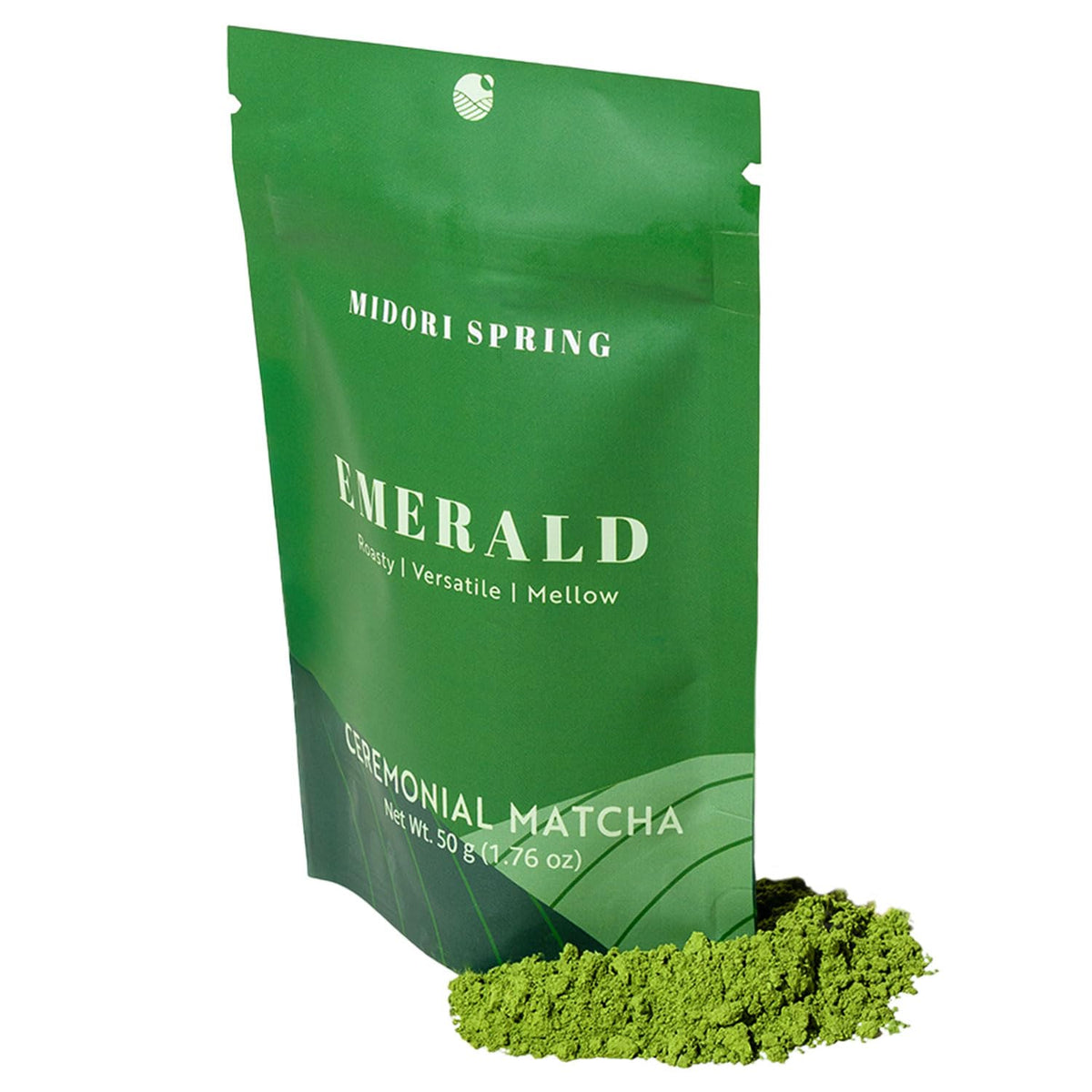 Midori Spring Emerald matcha powder in a bowl, ideal for ceremonial whisking.