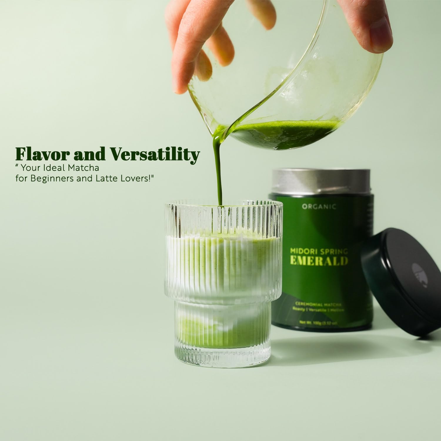Midori Spring Emerald displays a vibrant green color, signaling premium ceremonial grade matcha.