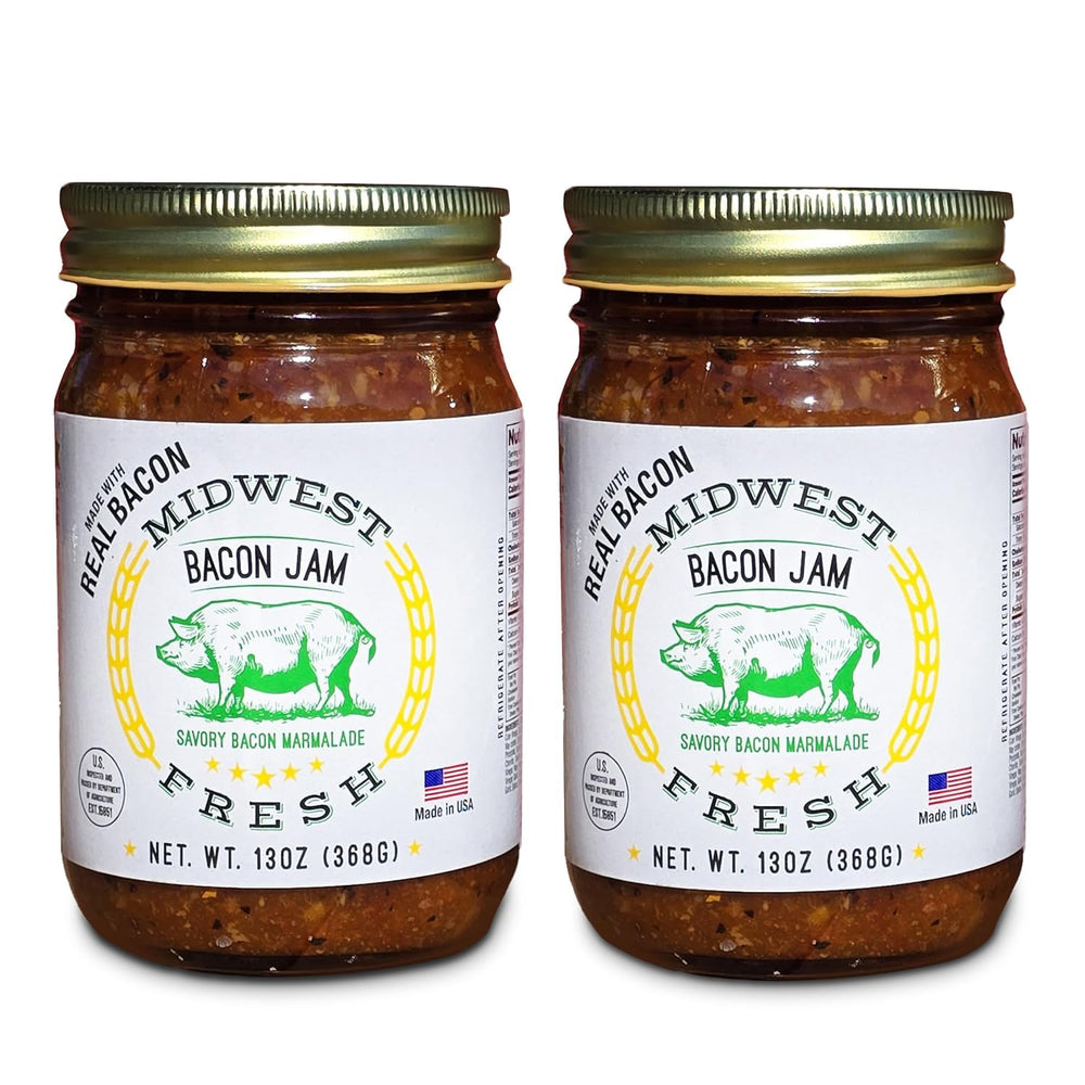 Midwest Fresh Bacon Jam jar closeup, glossy onion marmalade perfect as a burger topping.
