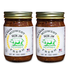 Midwest Fresh Bacon Jam jar closeup, glossy onion marmalade perfect as a burger topping.