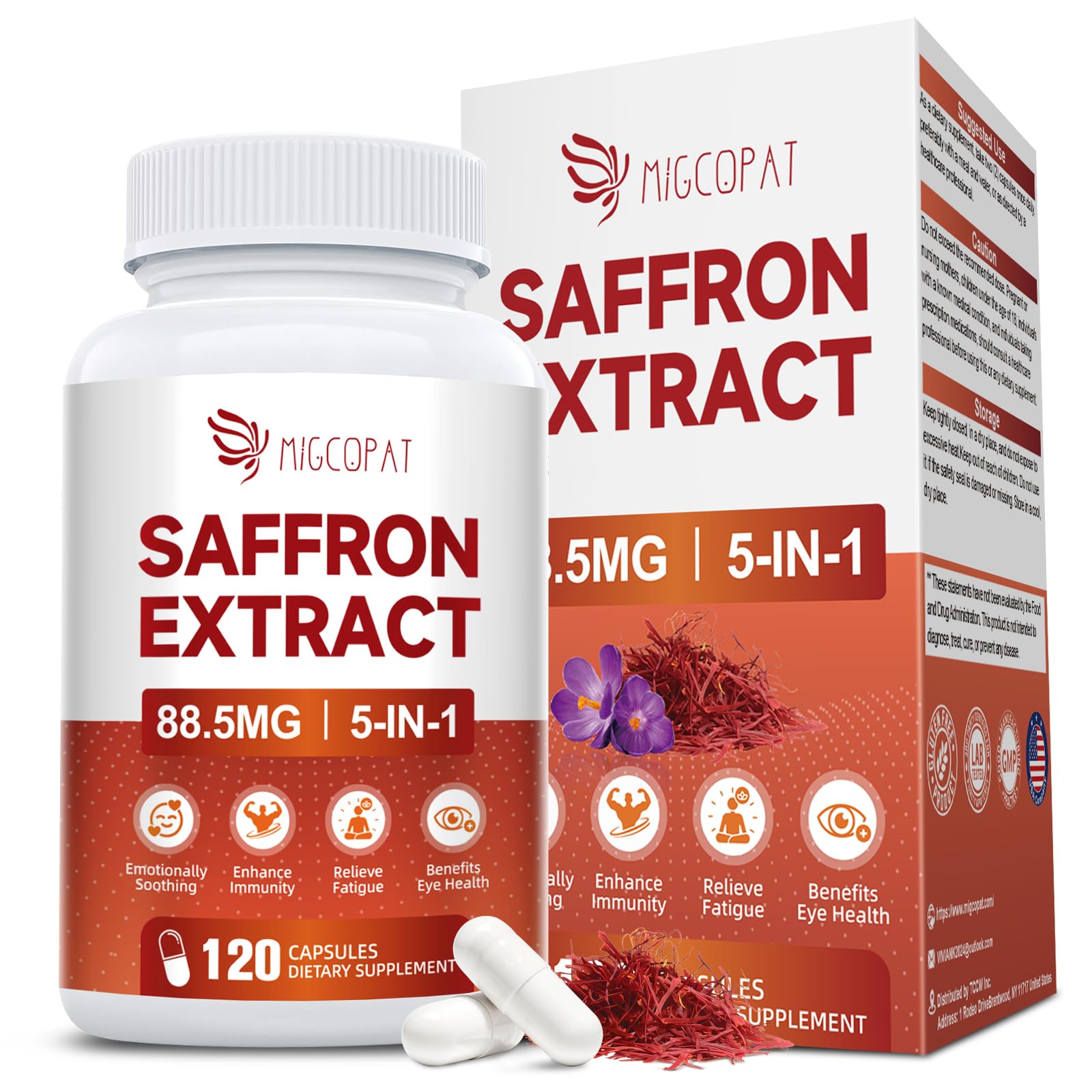 Migcopat saffron 5-in-1 mood bottle close-up showing the blend for daily emotional balance